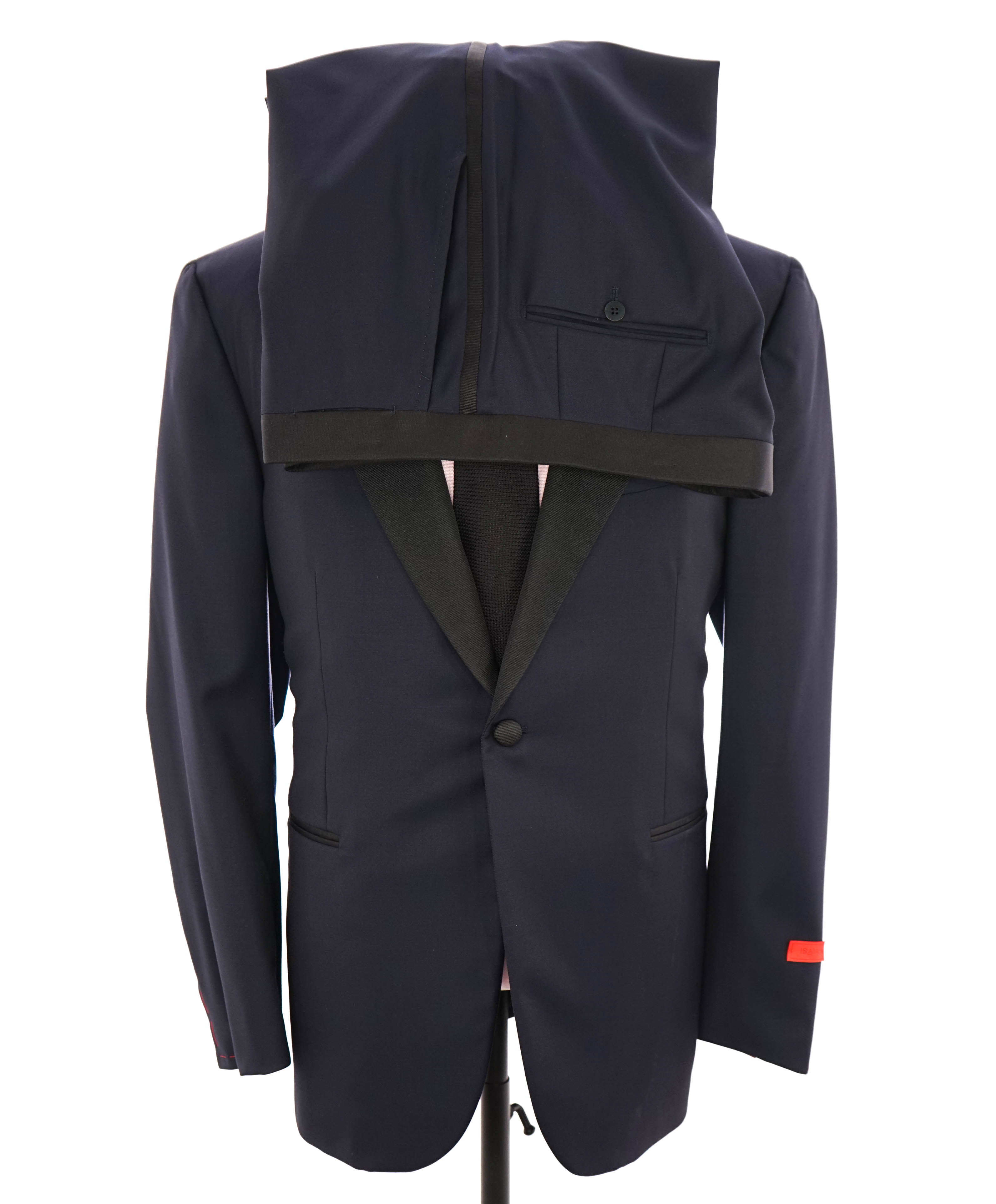 $4,595 ISAIA - "AQUASPIDER" Satin PEAK LAPEL Navy Blue Wool Tuxedo - 42L