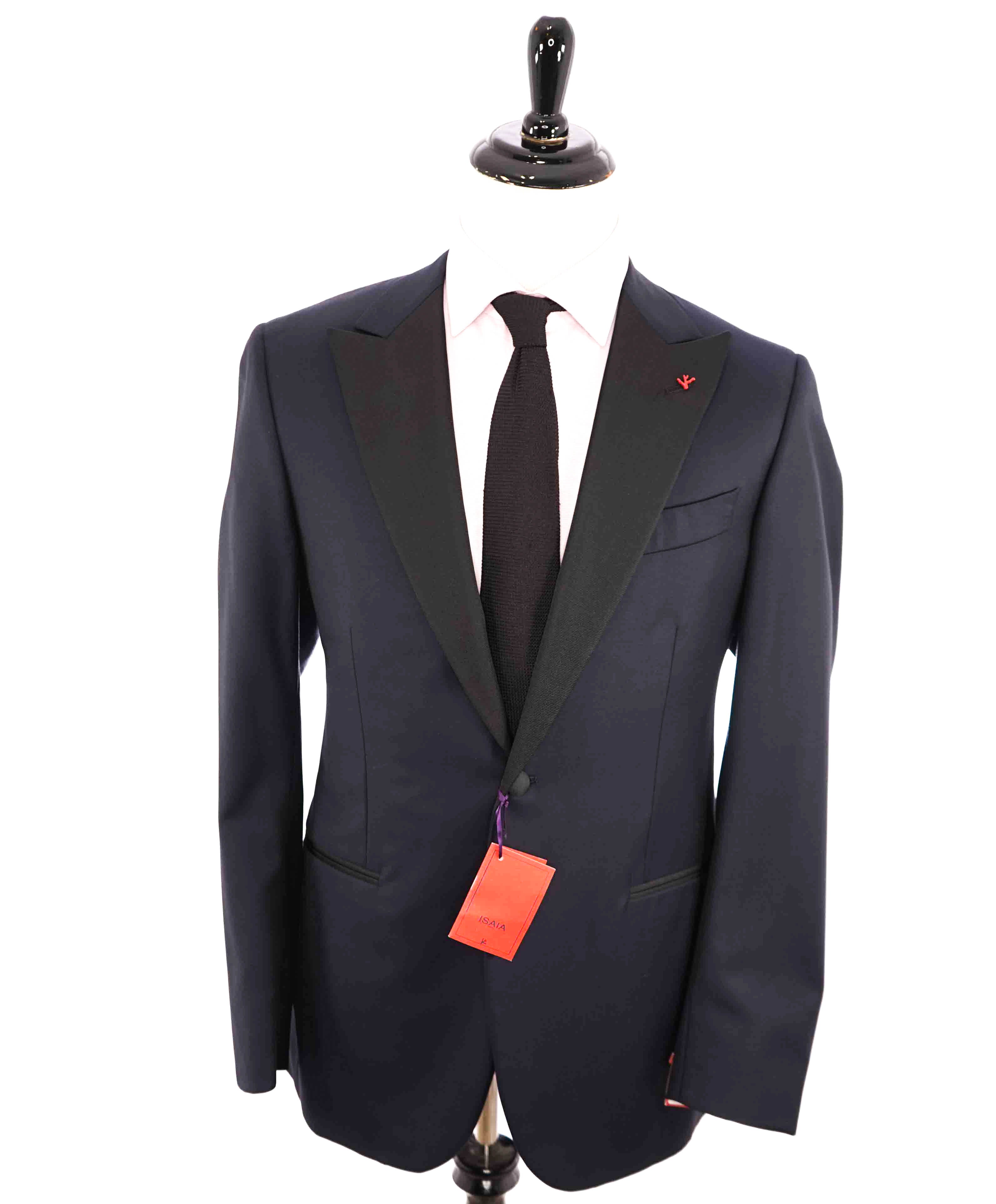 $4,595 ISAIA - "AQUASPIDER" Satin PEAK LAPEL Navy Blue Wool Tuxedo - 48R
