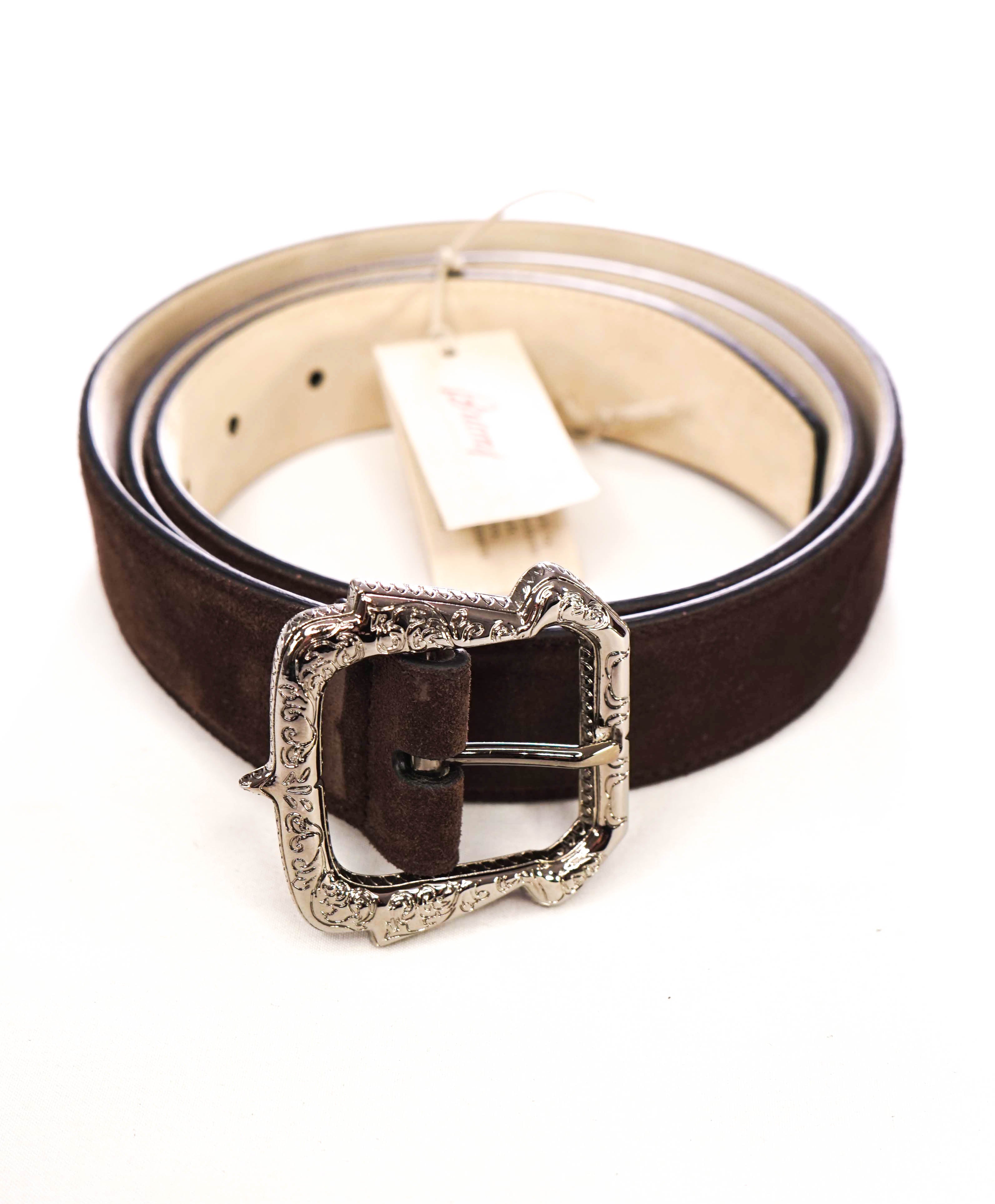 $1,100 BRIONI - Brown Suede Engraved Buckle Silver Leather Belt - 40W (100cm)