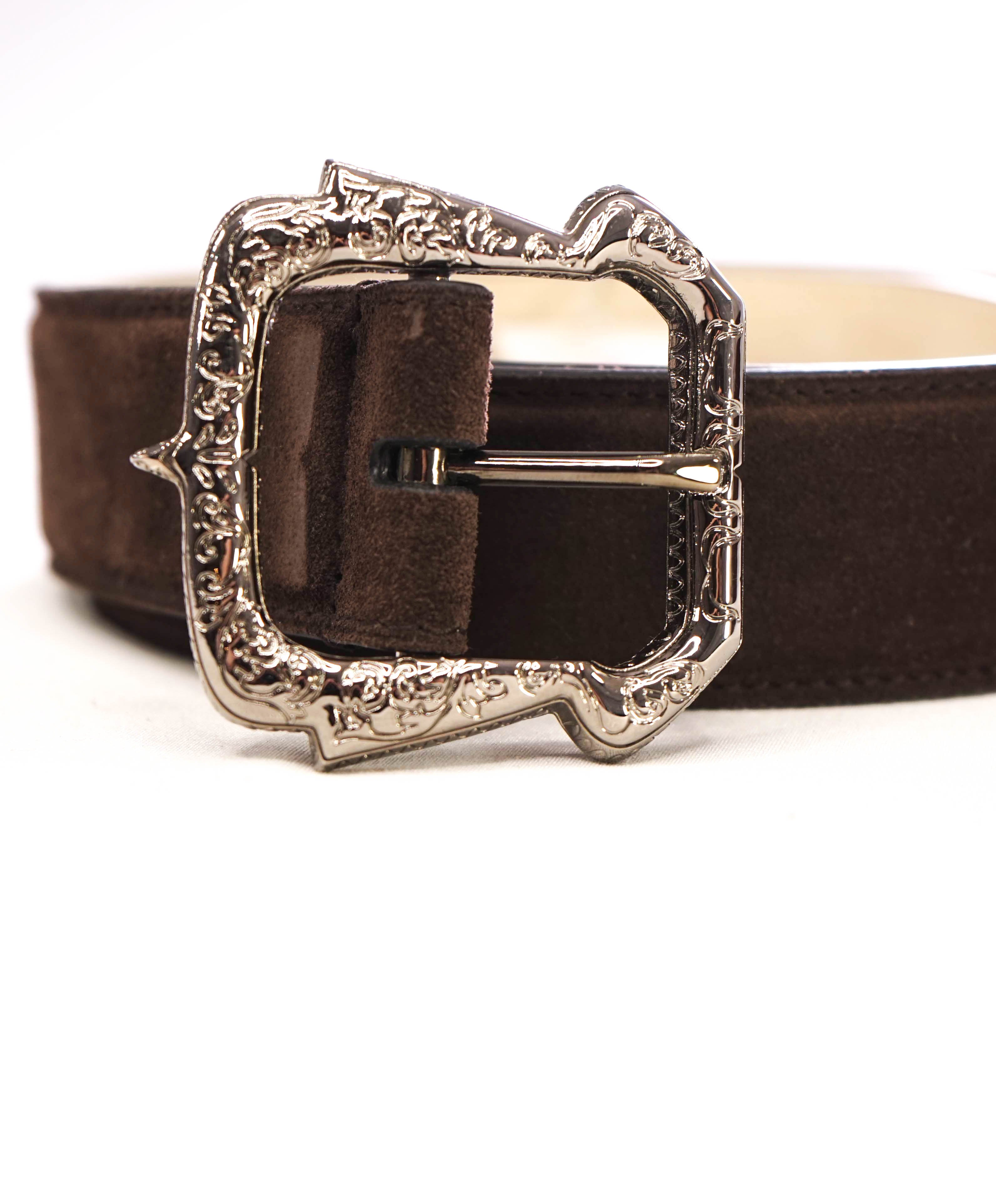 $1,100 BRIONI - Brown Suede Engraved Buckle Silver Leather Belt - 40W (100cm)