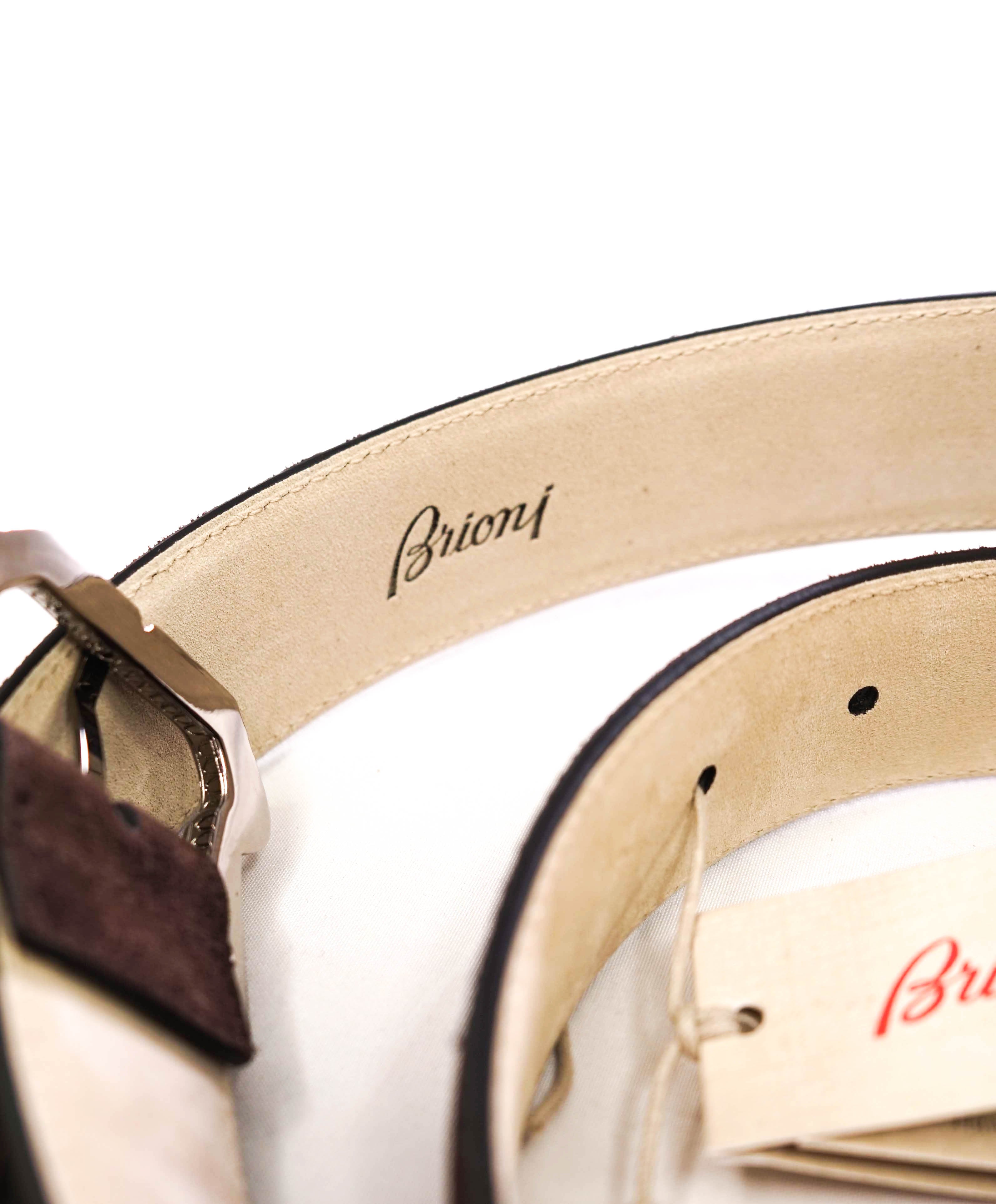 $1,100 BRIONI - Brown Suede Engraved Buckle Silver Leather Belt - 40W (100cm)