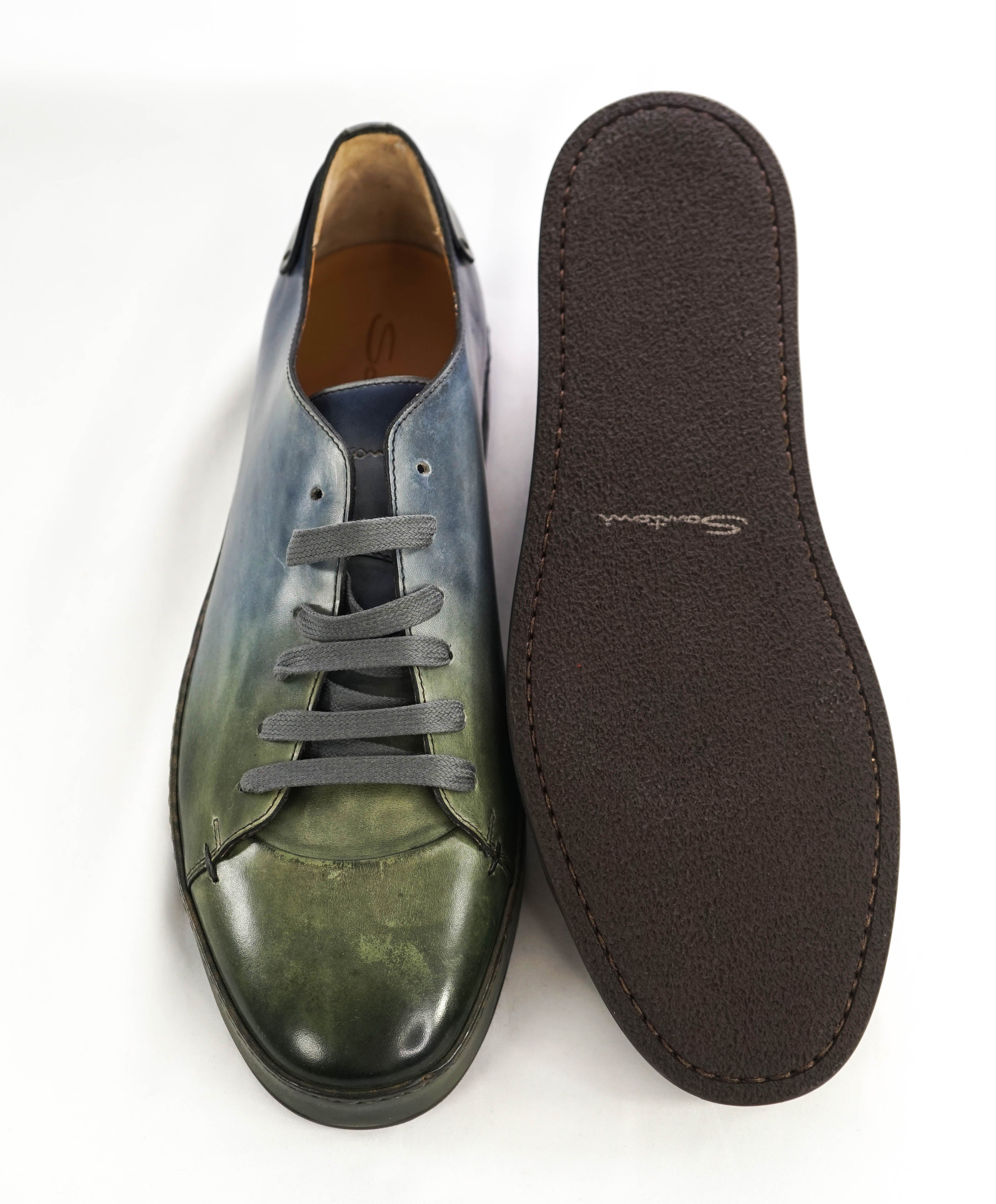 $1,295 SANTONI - Green/Blue Hand Patina Full Leather Sneaker - 13 (12 IT)