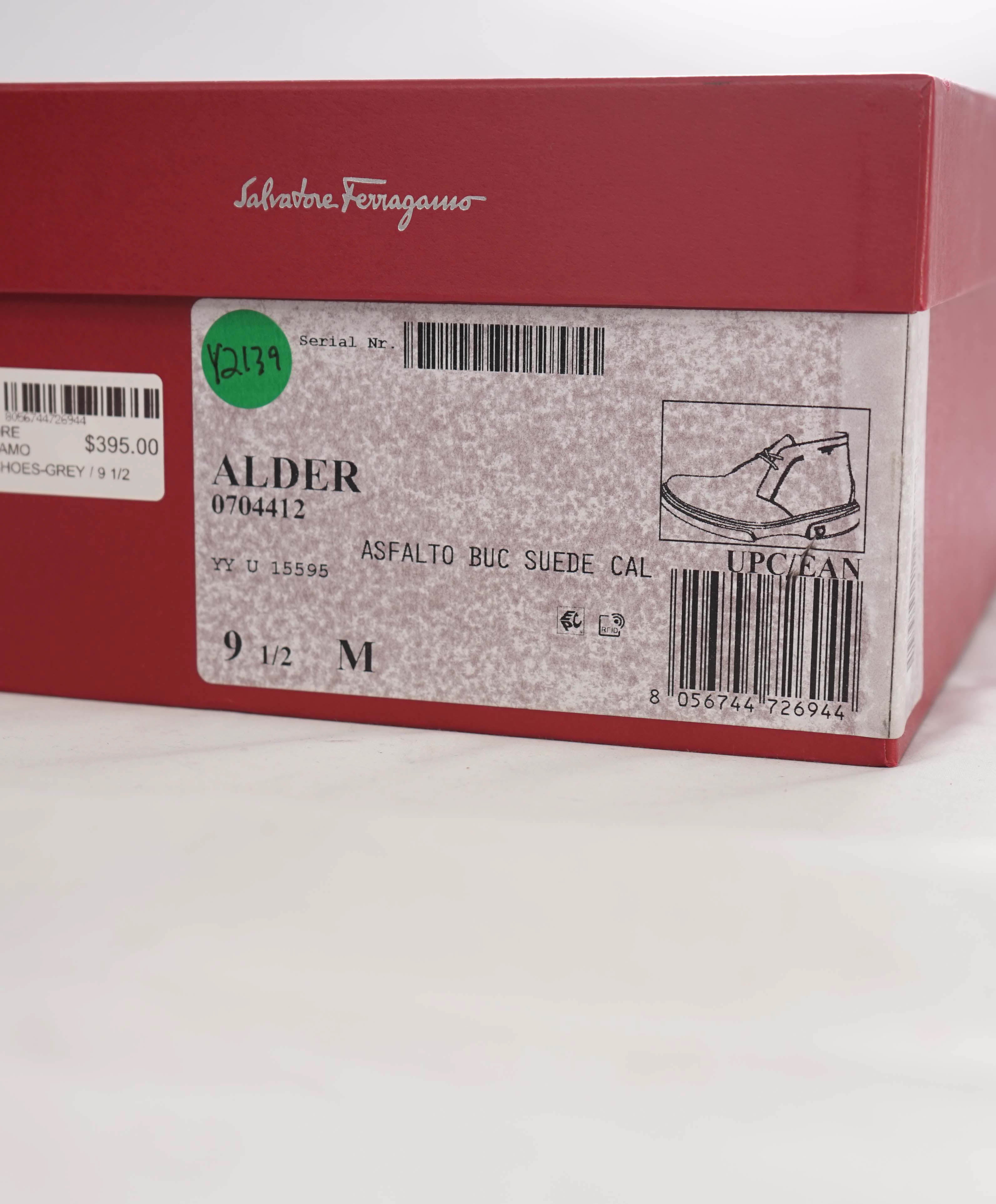 $820 SALVATORE FERRAGAMO - "ALDER" Gray Suede Logo Chukka Boot - 9.5 M US