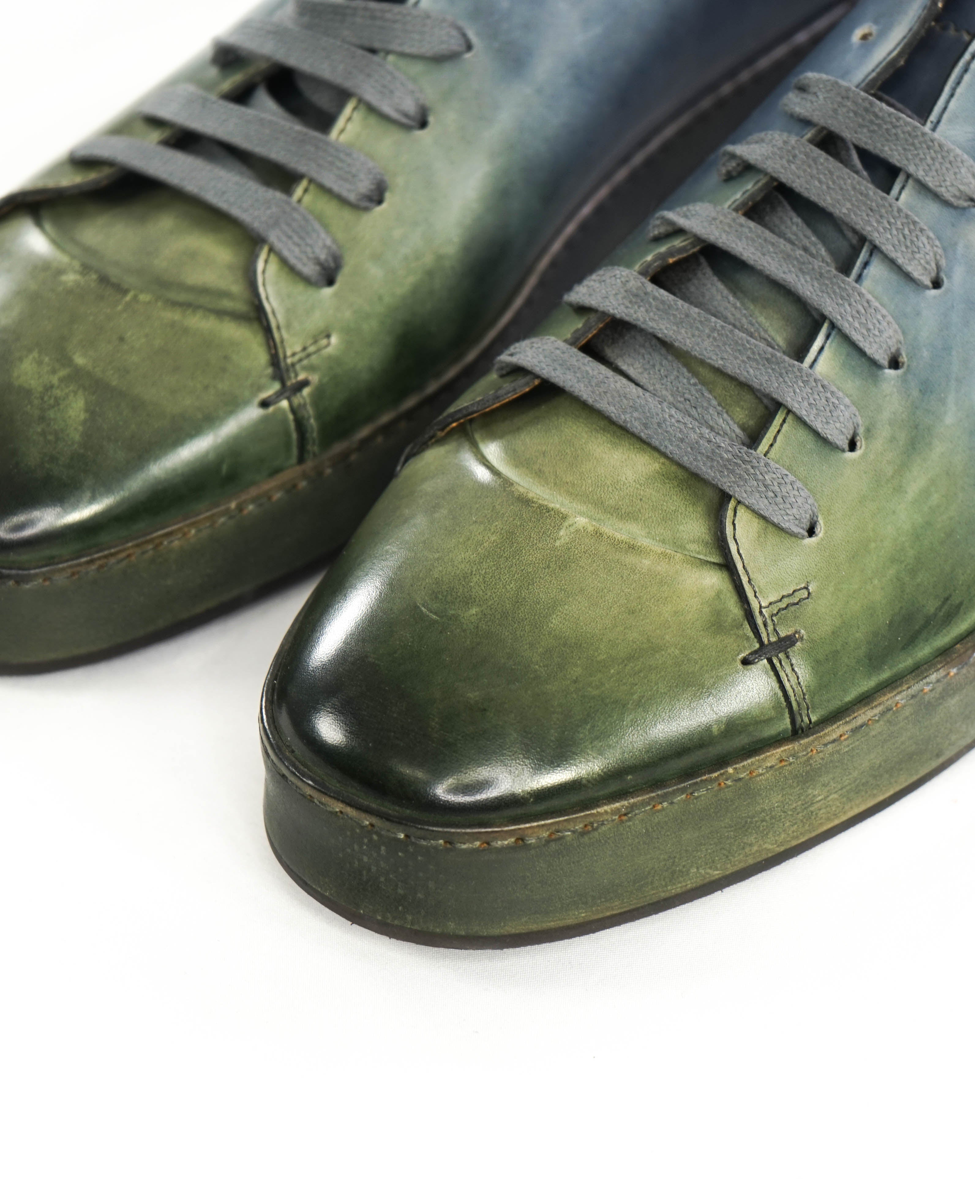 $1,295 SANTONI - Green/Blue Hand Patina Full Leather Sneaker - 13 (12 IT)
