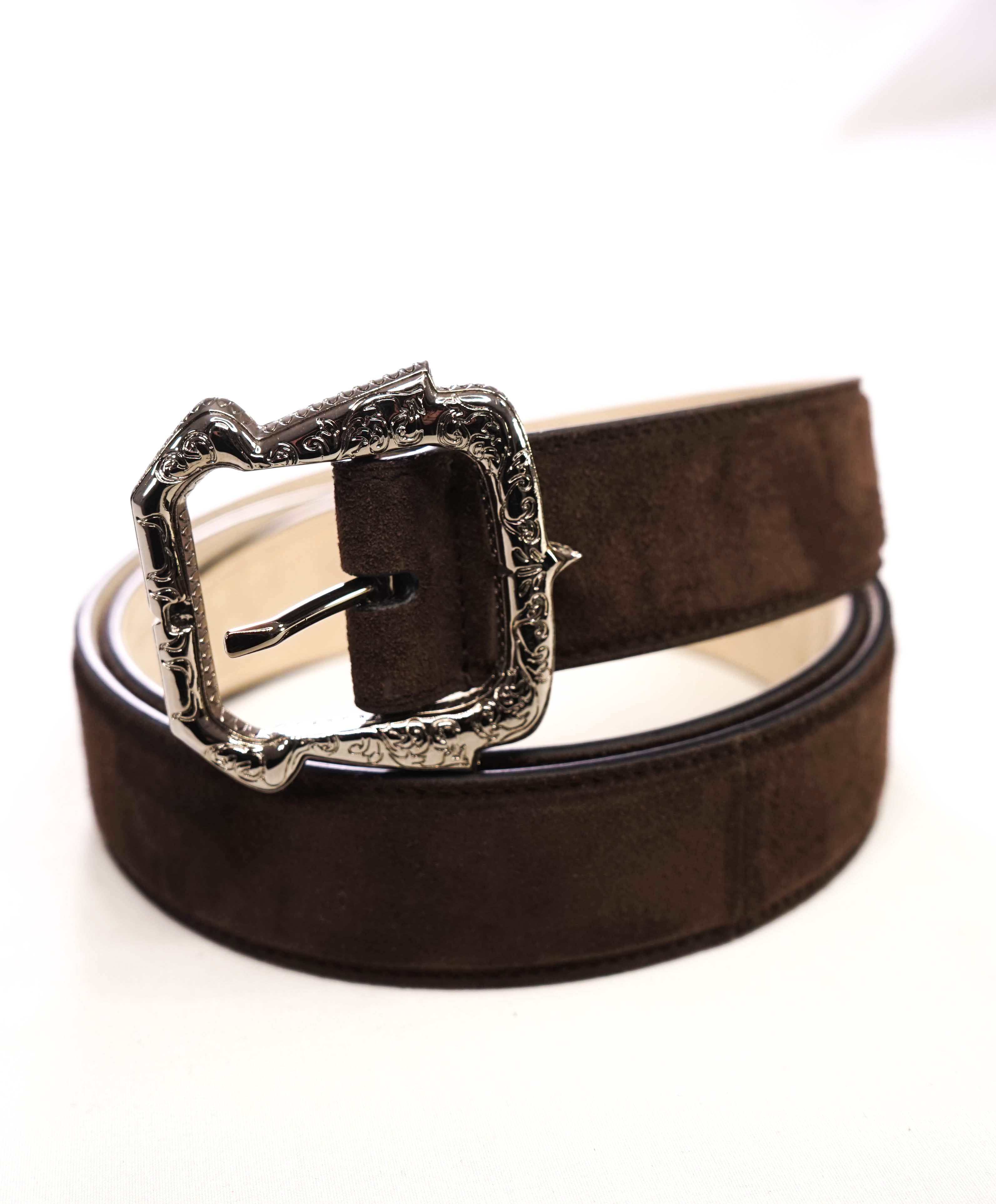 $1,100 BRIONI - Brown Suede Engraved Buckle Silver Leather Belt - 40W (100cm)