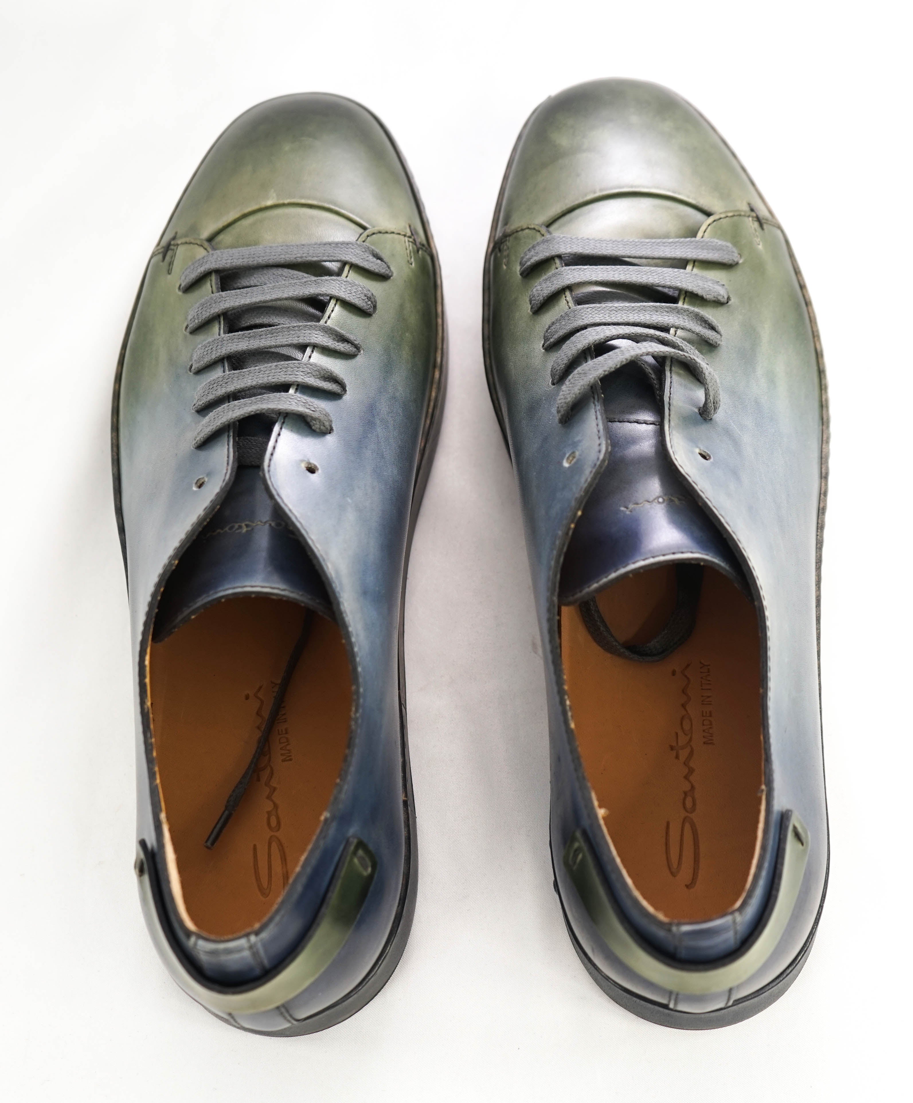 $1,295 SANTONI - Green/Blue Hand Patina Full Leather Sneaker - 13 (12 IT)