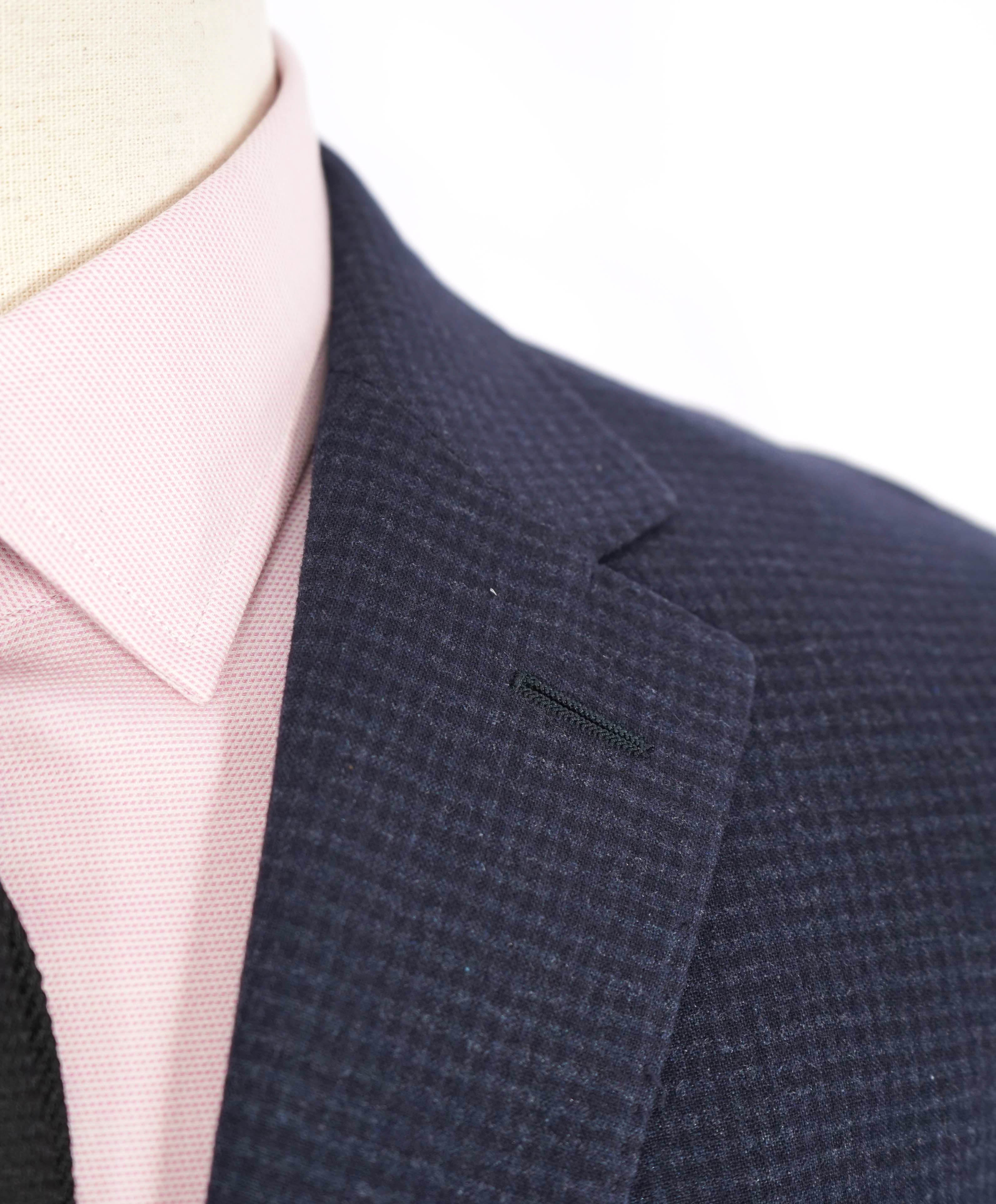 $3,250 ERMENEGILDO ZEGNA - PURE SILK Navy Check LEATHER Trim Blazer - 46R