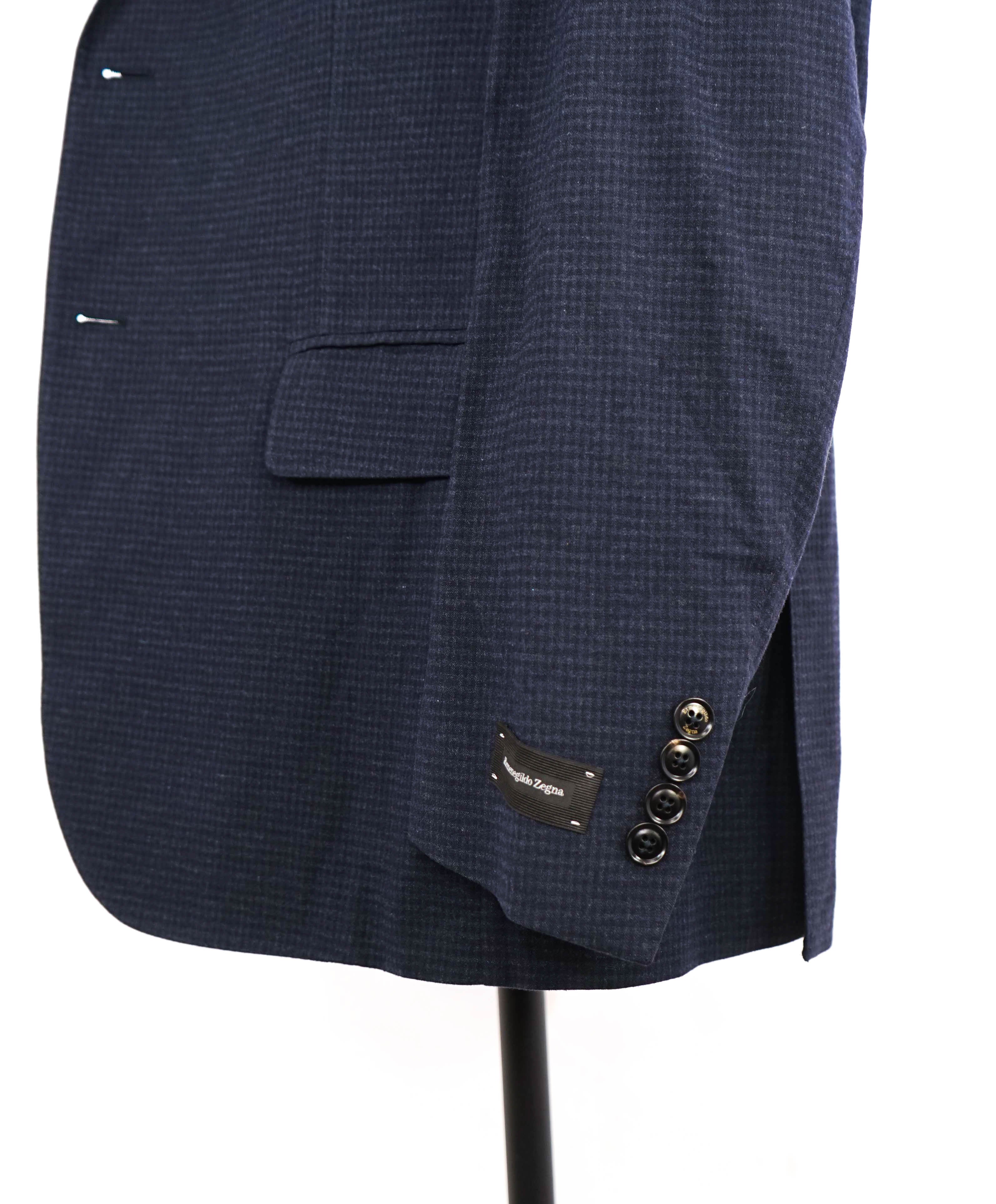 $3,250 ERMENEGILDO ZEGNA - PURE SILK Navy Check LEATHER Trim Blazer - 46R