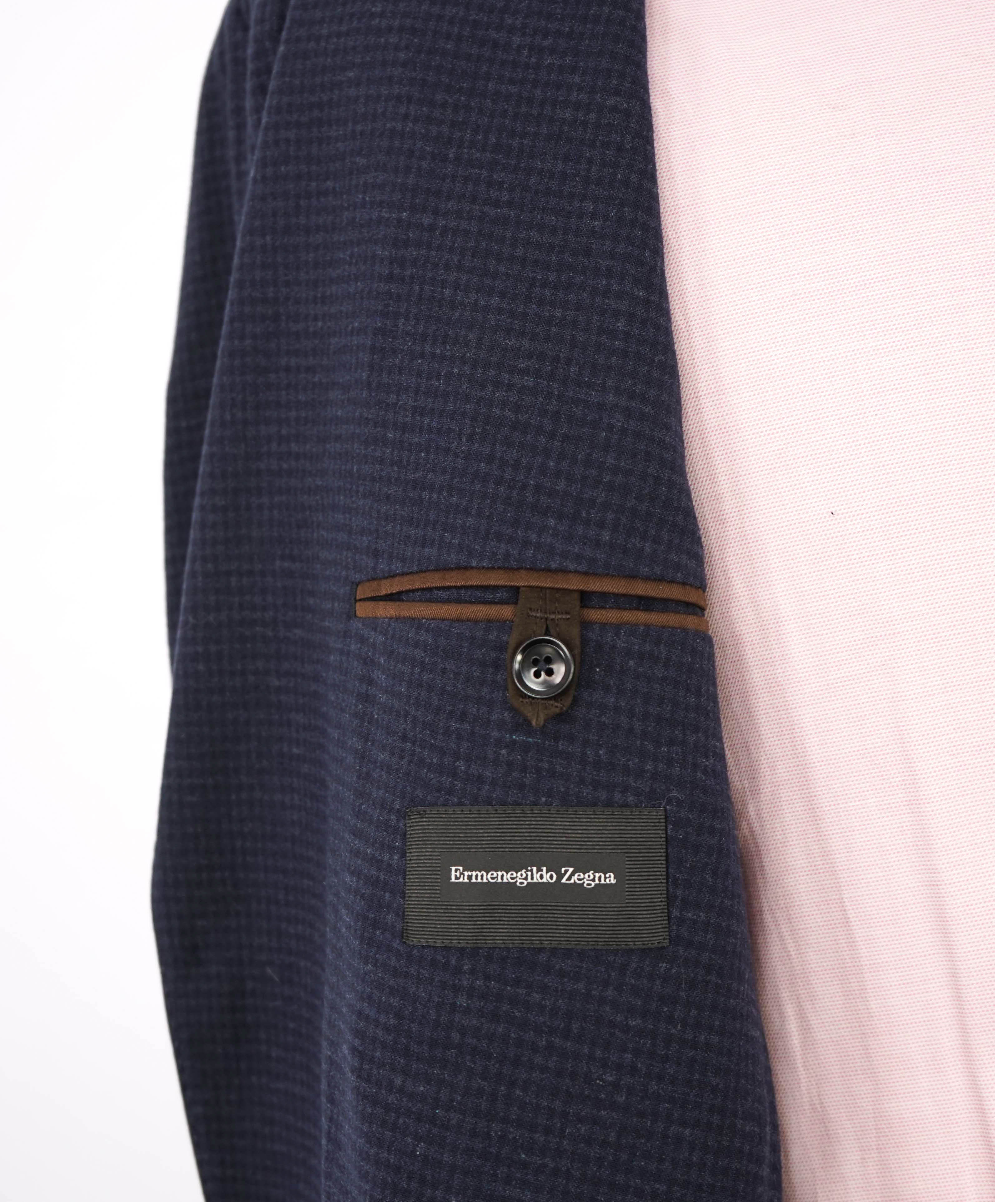 $3,250 ERMENEGILDO ZEGNA - PURE SILK Navy Check LEATHER Trim Blazer - 46R