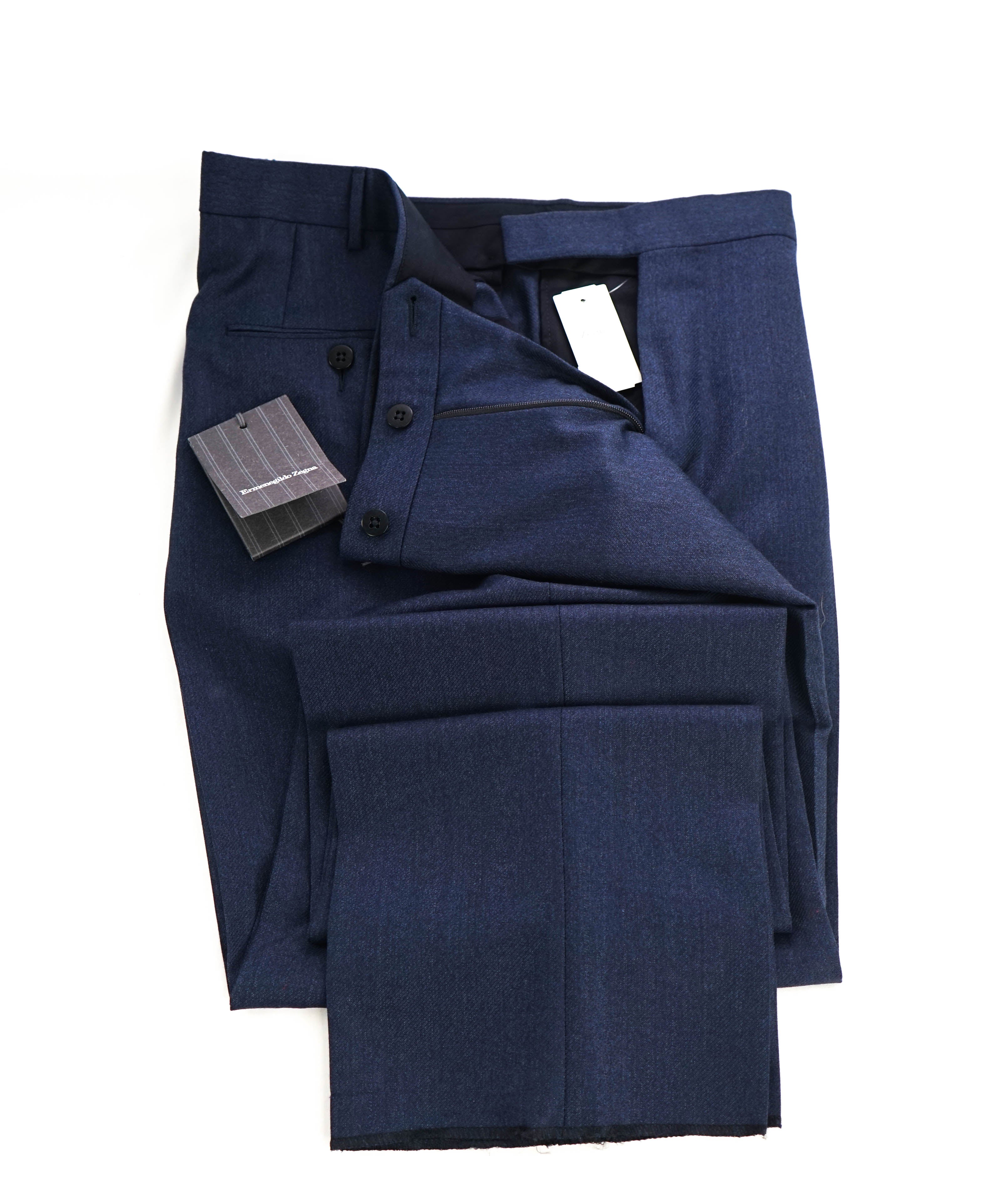 $795 ERMENEGILDO ZEGNA - Medium Blue “TROFEO" Flat Front Wool Trousers- 38W