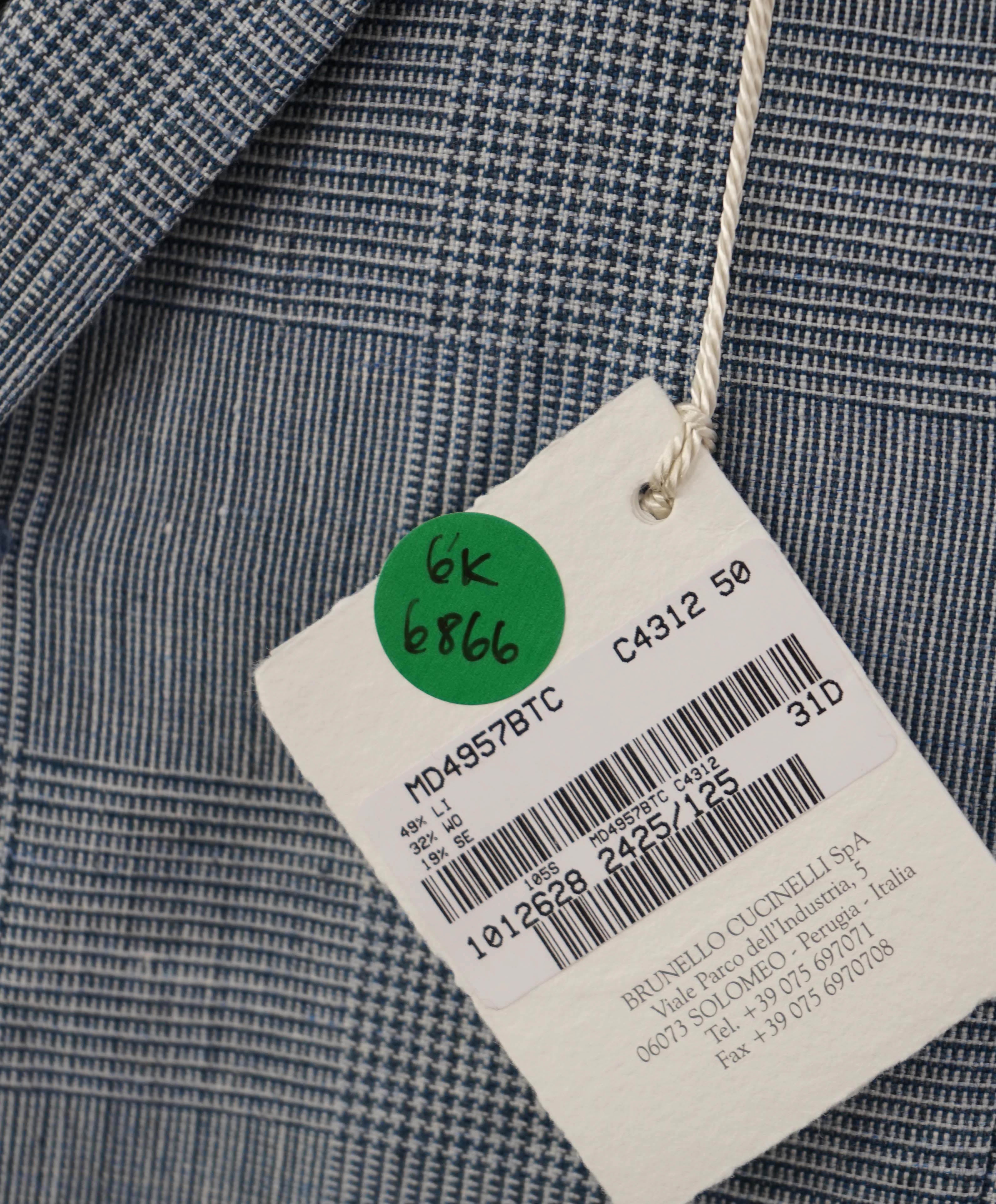 $6,295 BRUNELLO CUCINELLI - Baby Blue Check Plaid WOOL/LINEN Semi-Lined Suit - 40R