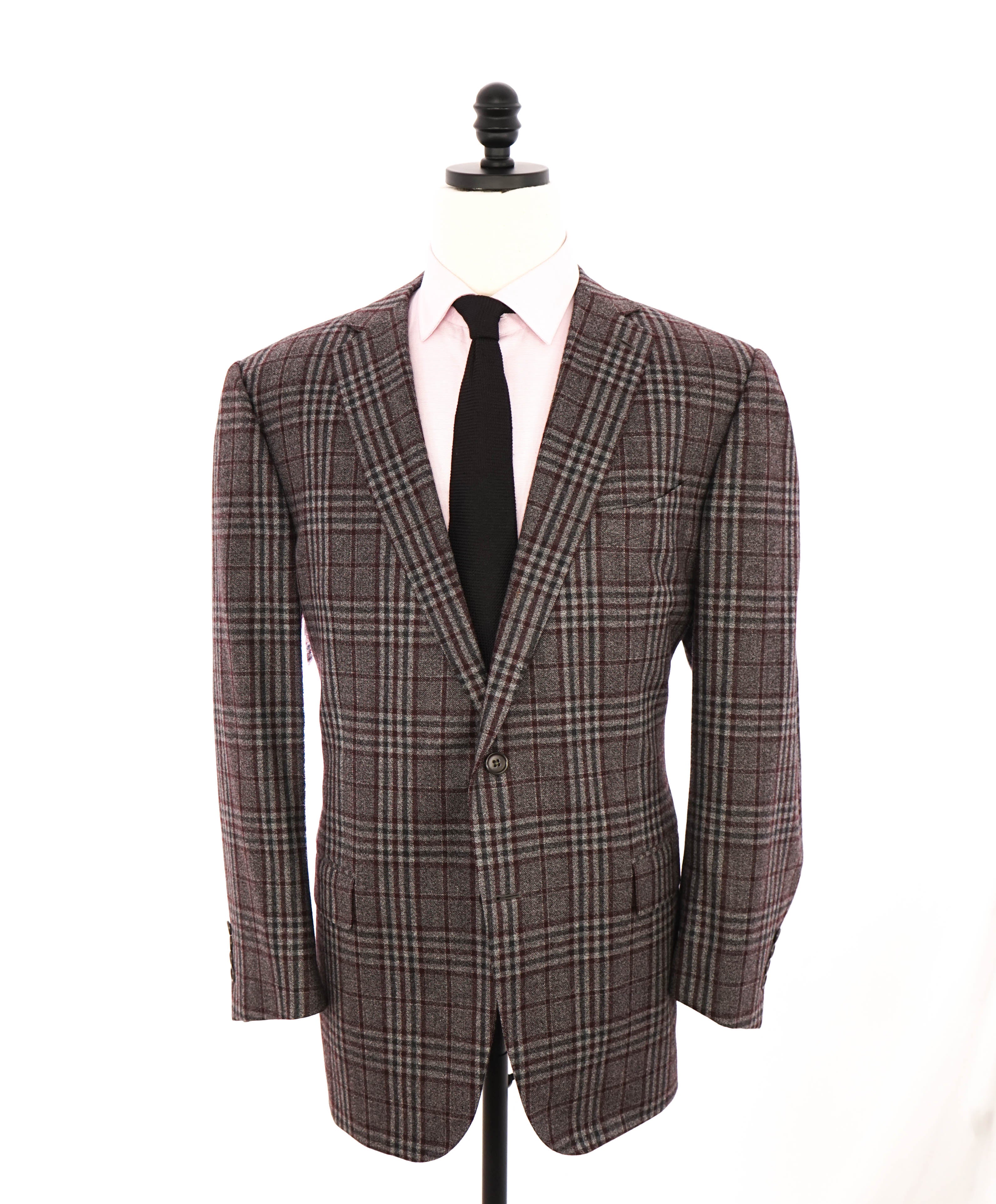 $3,290 ERMENEGILDO ZEGNA- Burgundy Gray Blue Check Plaid Blazer- 48R