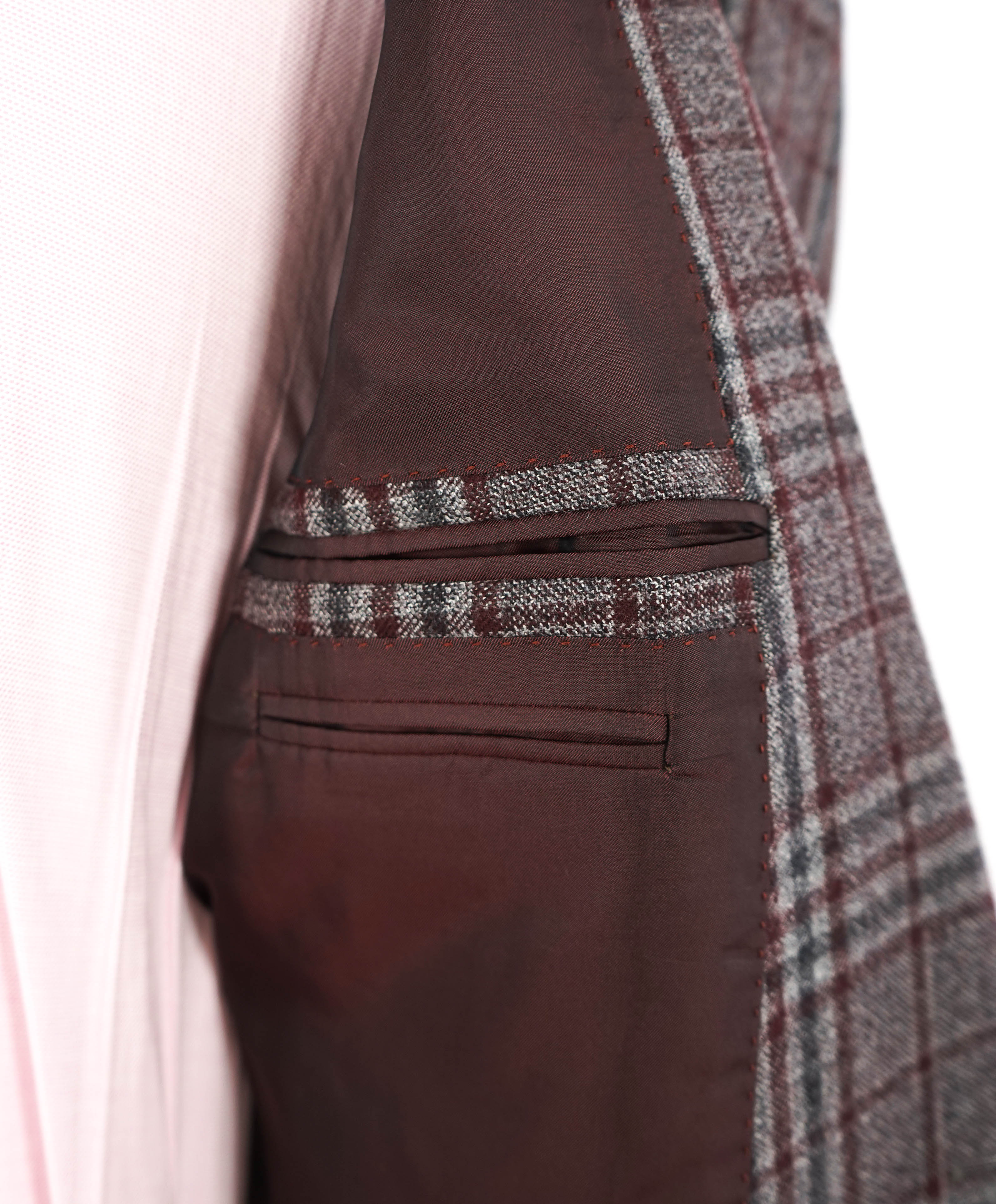 $3,290 ERMENEGILDO ZEGNA- Burgundy Gray Blue Check Plaid Blazer- 48R