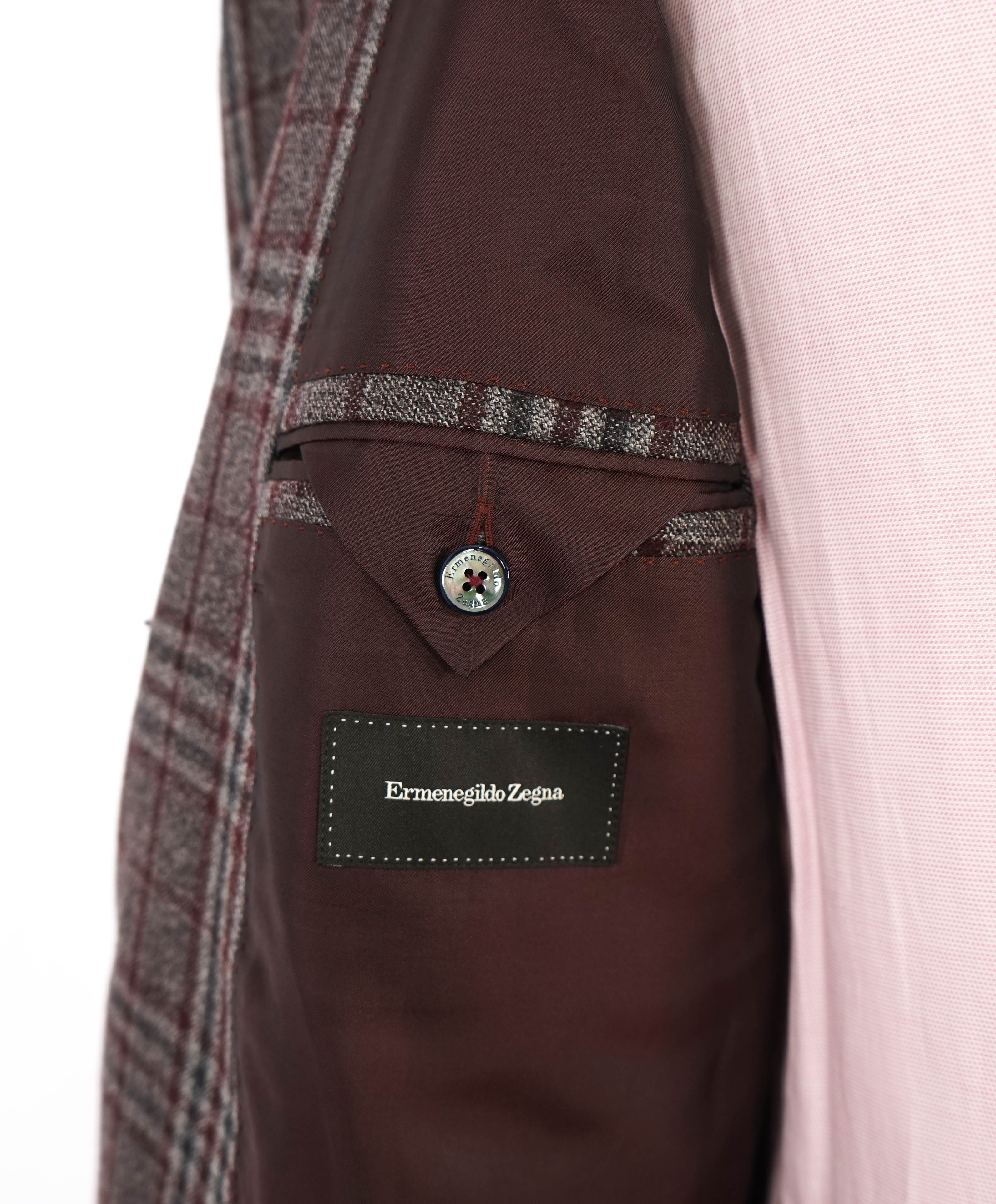 $3,290 ERMENEGILDO ZEGNA- Burgundy Gray Blue Check Plaid Blazer- 48R