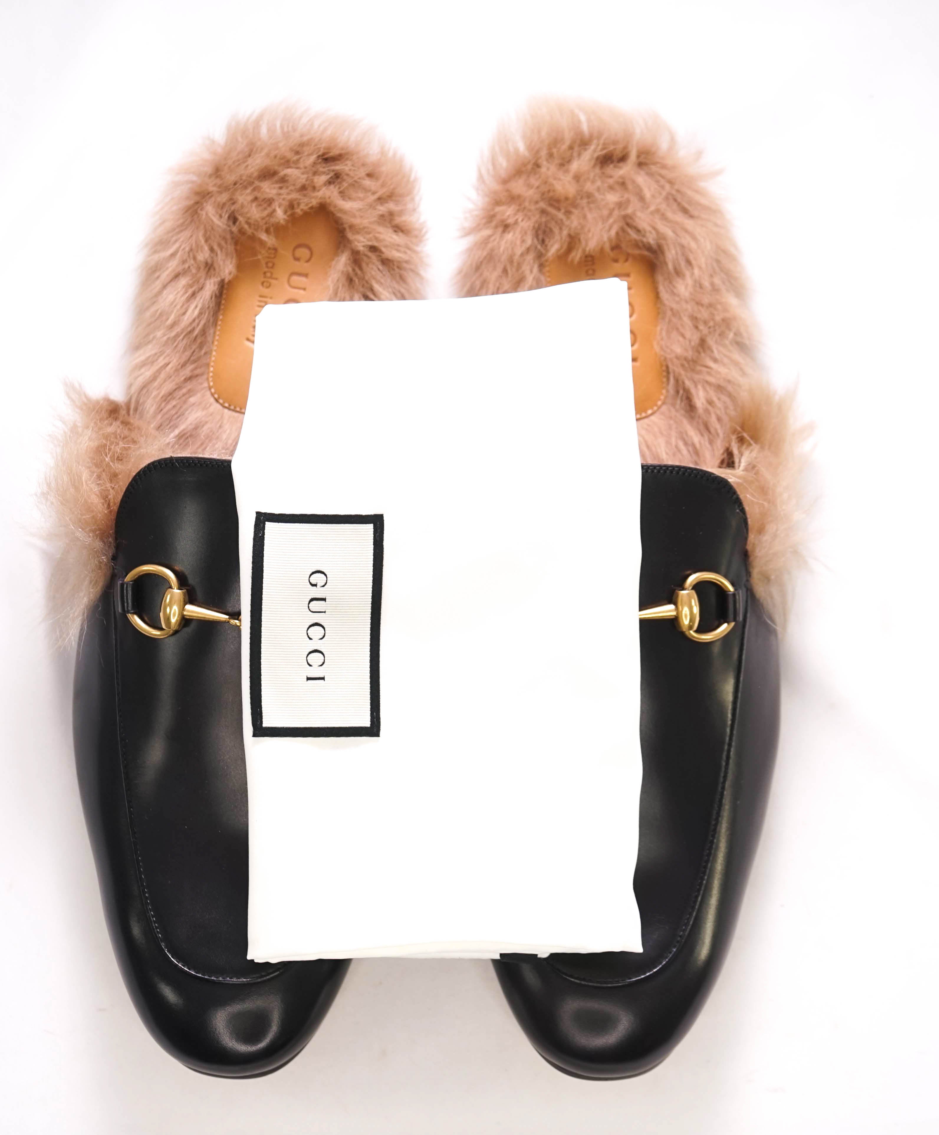$1,095 GUCCI - "Princeton" Fur Lined Open Back Loafers Slides Black - 11.5US (11G)