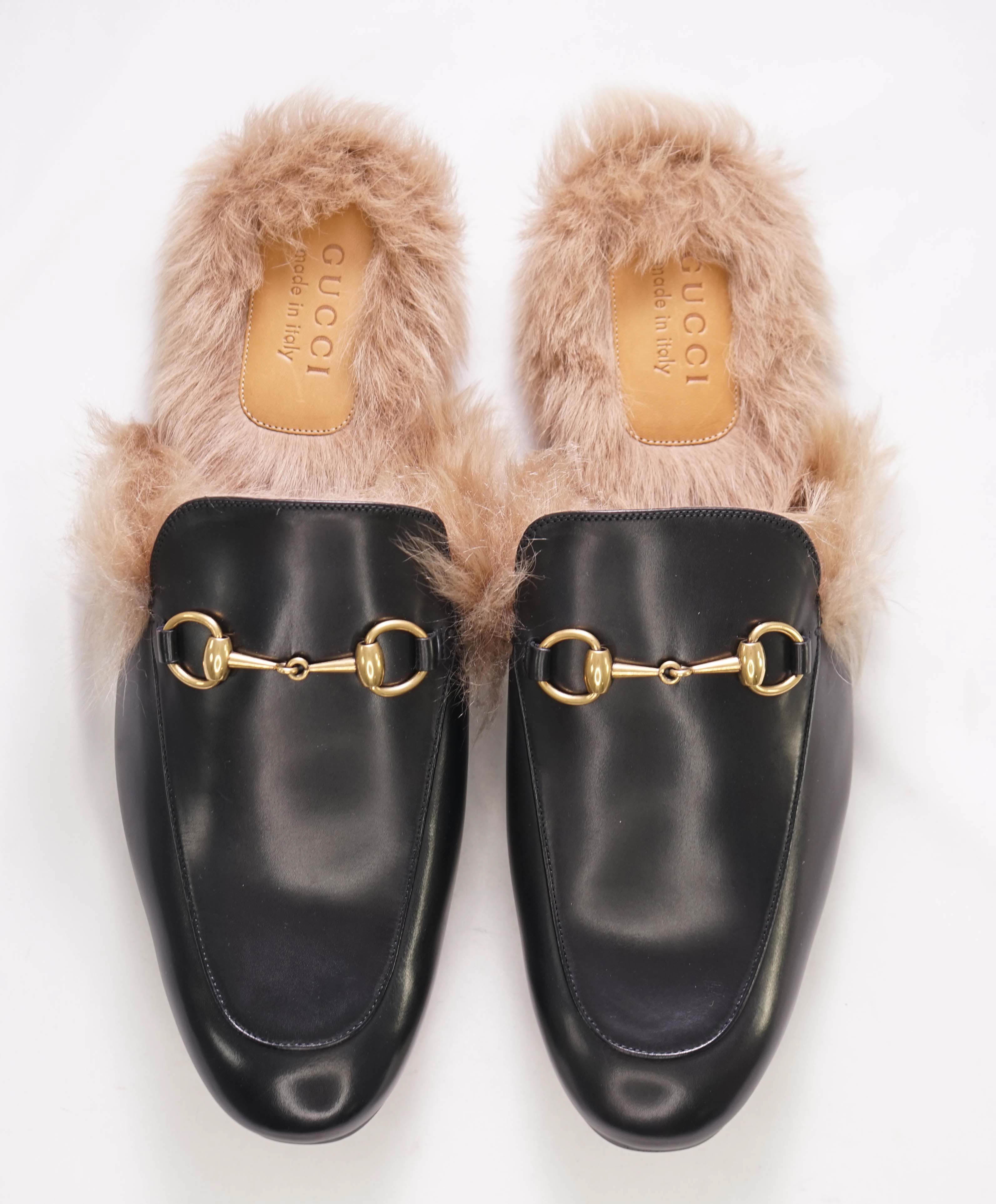 $1,095 GUCCI - "Princeton" Fur Lined Open Back Loafers Slides Black - 11.5US (11G)