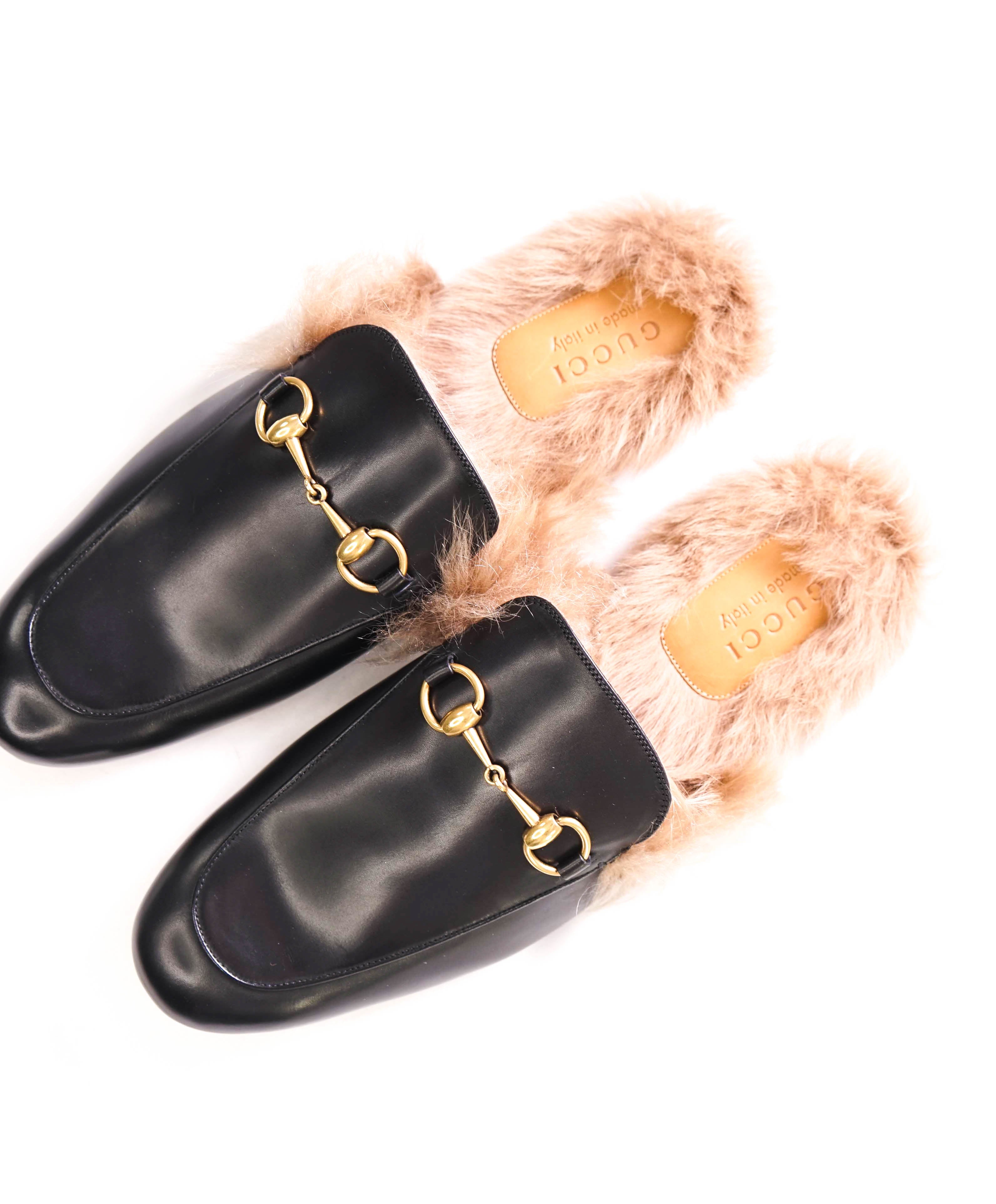 $1,095 GUCCI - "Princeton" Fur Lined Open Back Loafers Slides Black - 11.5US (11G)