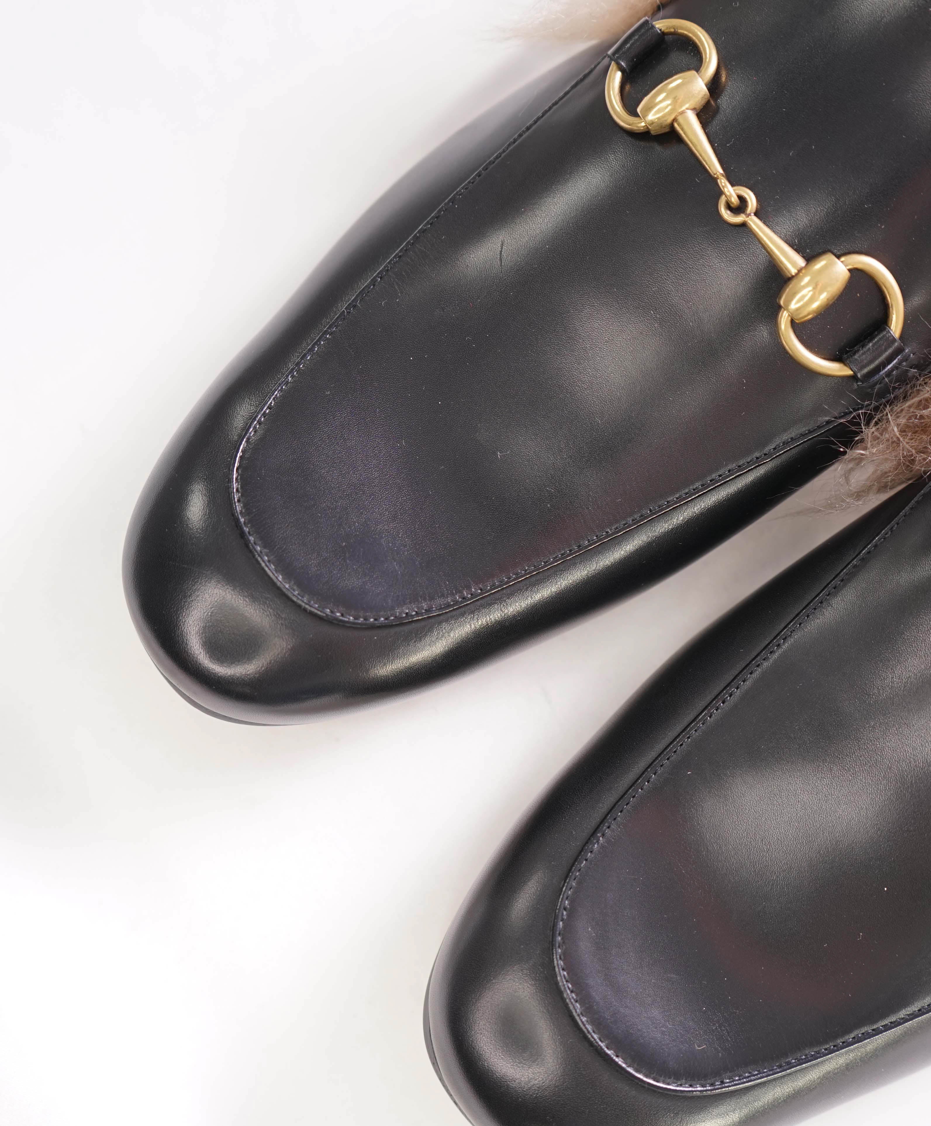 $1,095 GUCCI - "Princeton" Fur Lined Open Back Loafers Slides Black - 11.5US (11G)