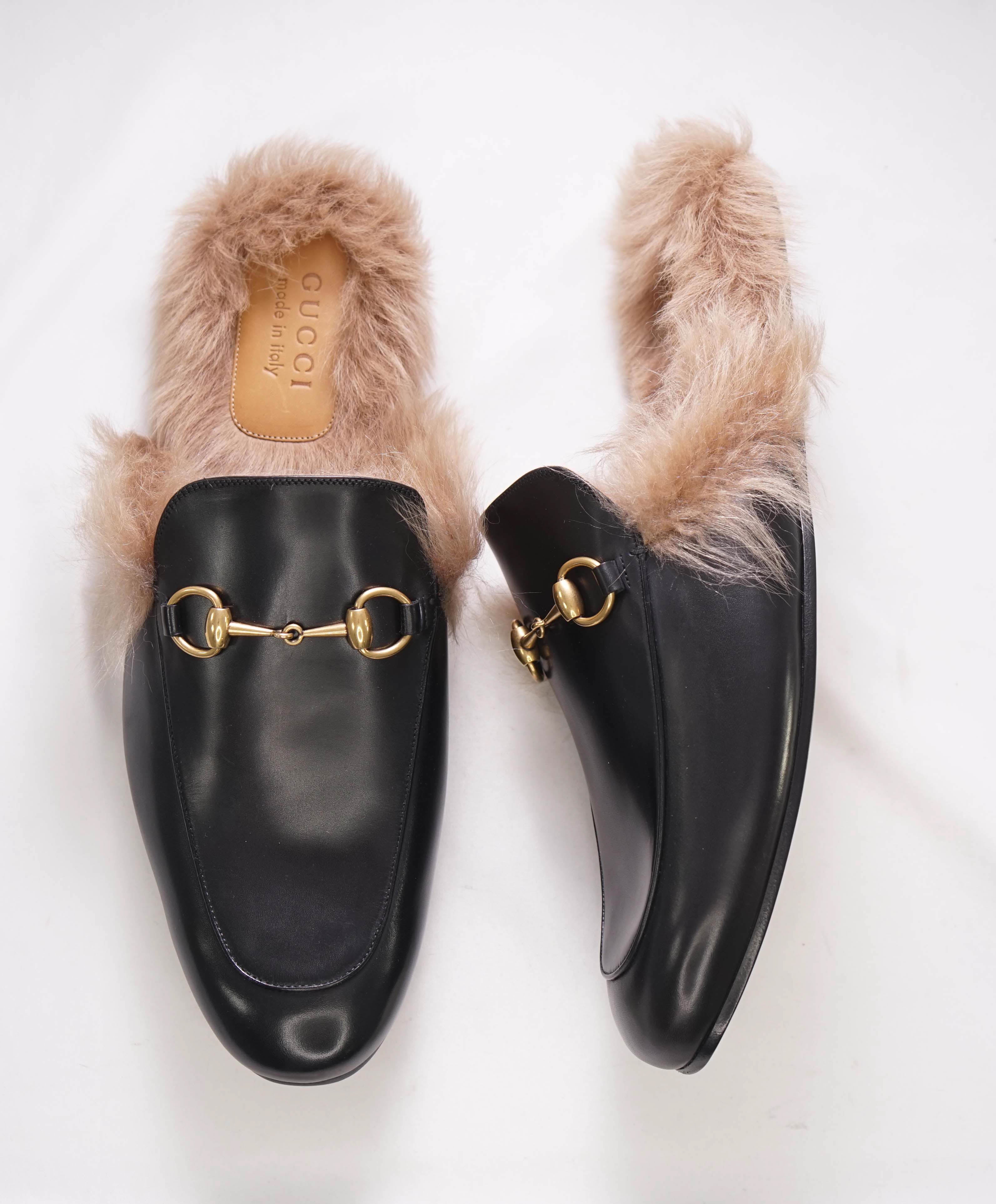 $1,095 GUCCI - "Princeton" Fur Lined Open Back Loafers Slides Black - 11.5US (11G)