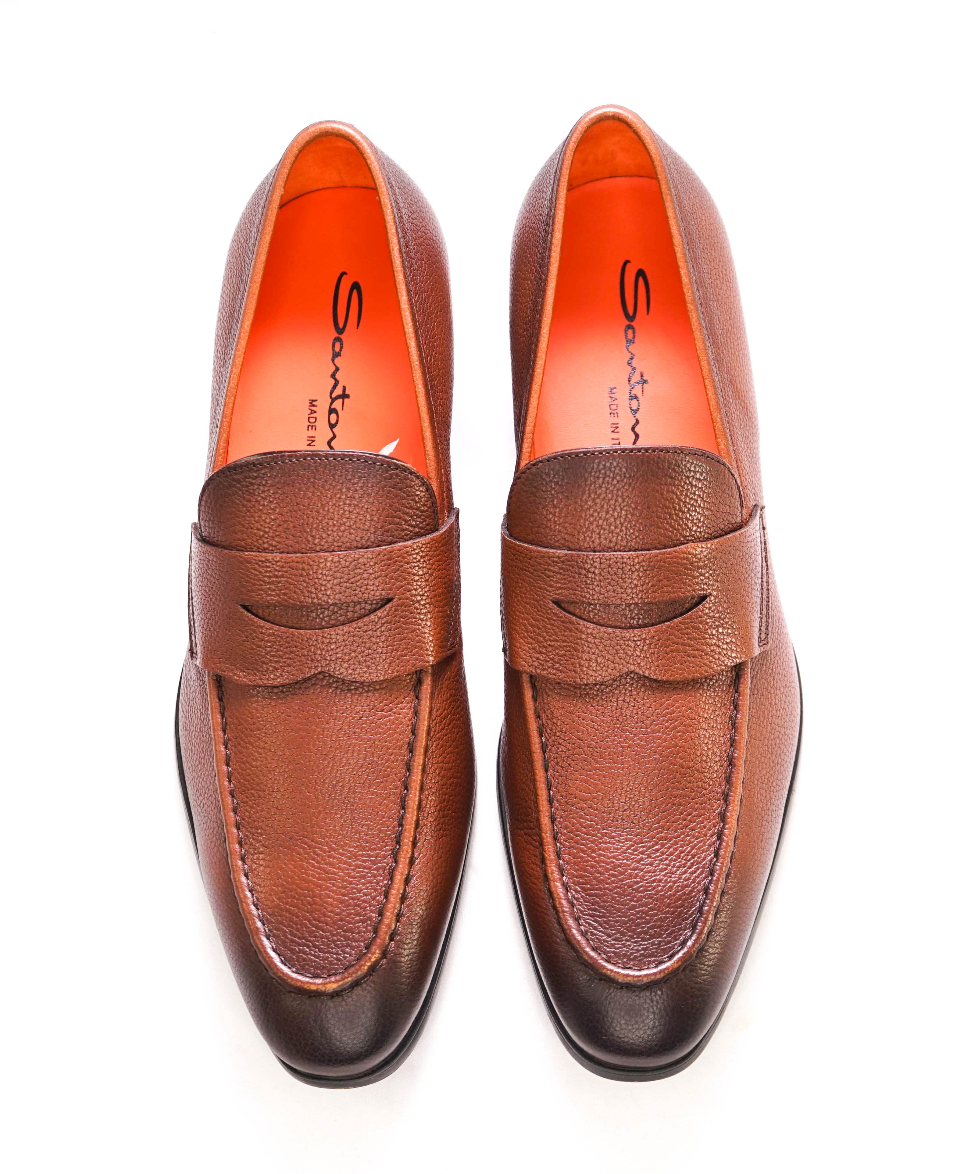SANTONI - Hand Made Brown Patine Round Toe Pebbled Leather Penny Loafers - 7 US (6IT)
