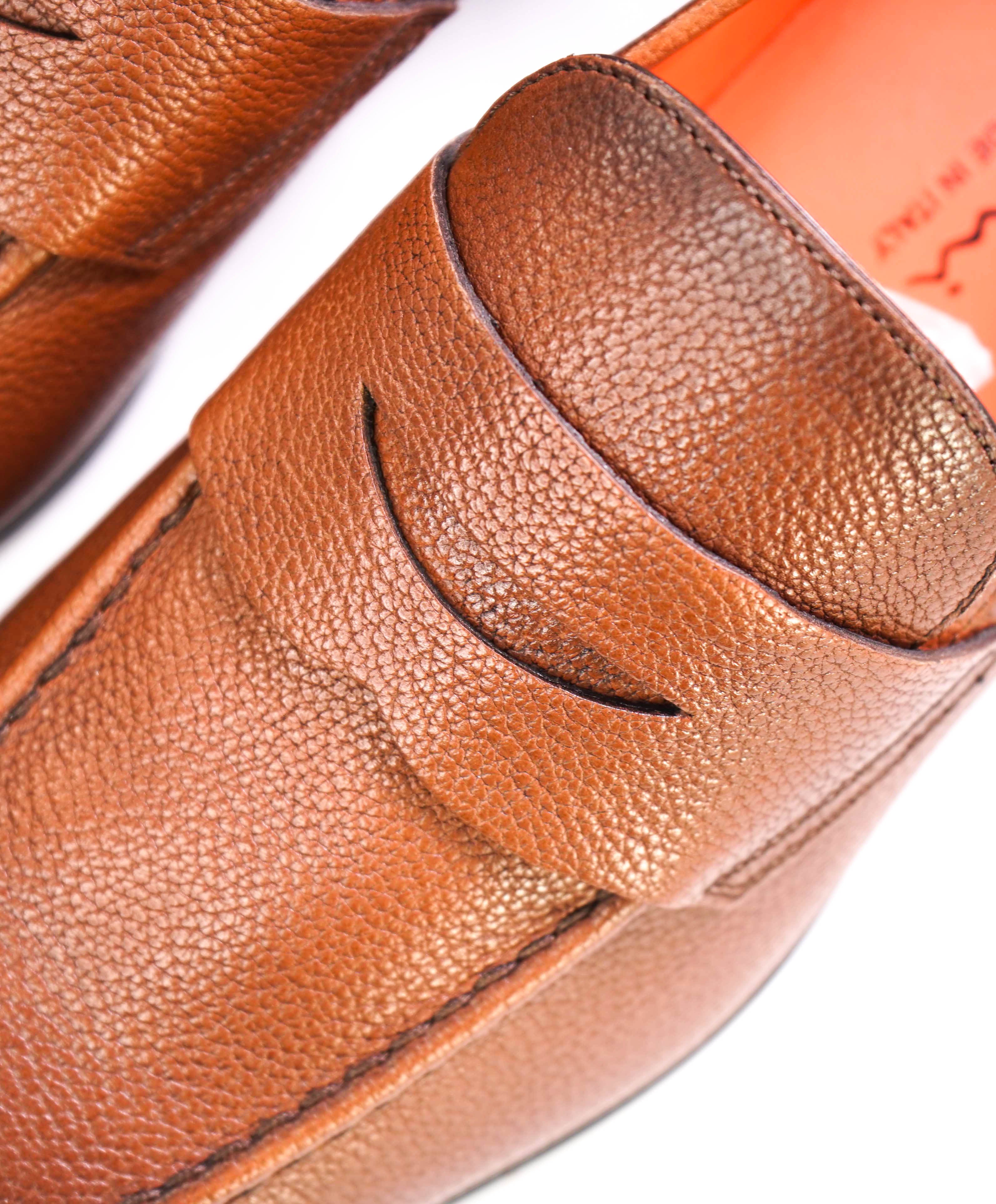 SANTONI - Hand Made Brown Patine Round Toe Pebbled Leather Penny Loafers - 7 US (6IT)