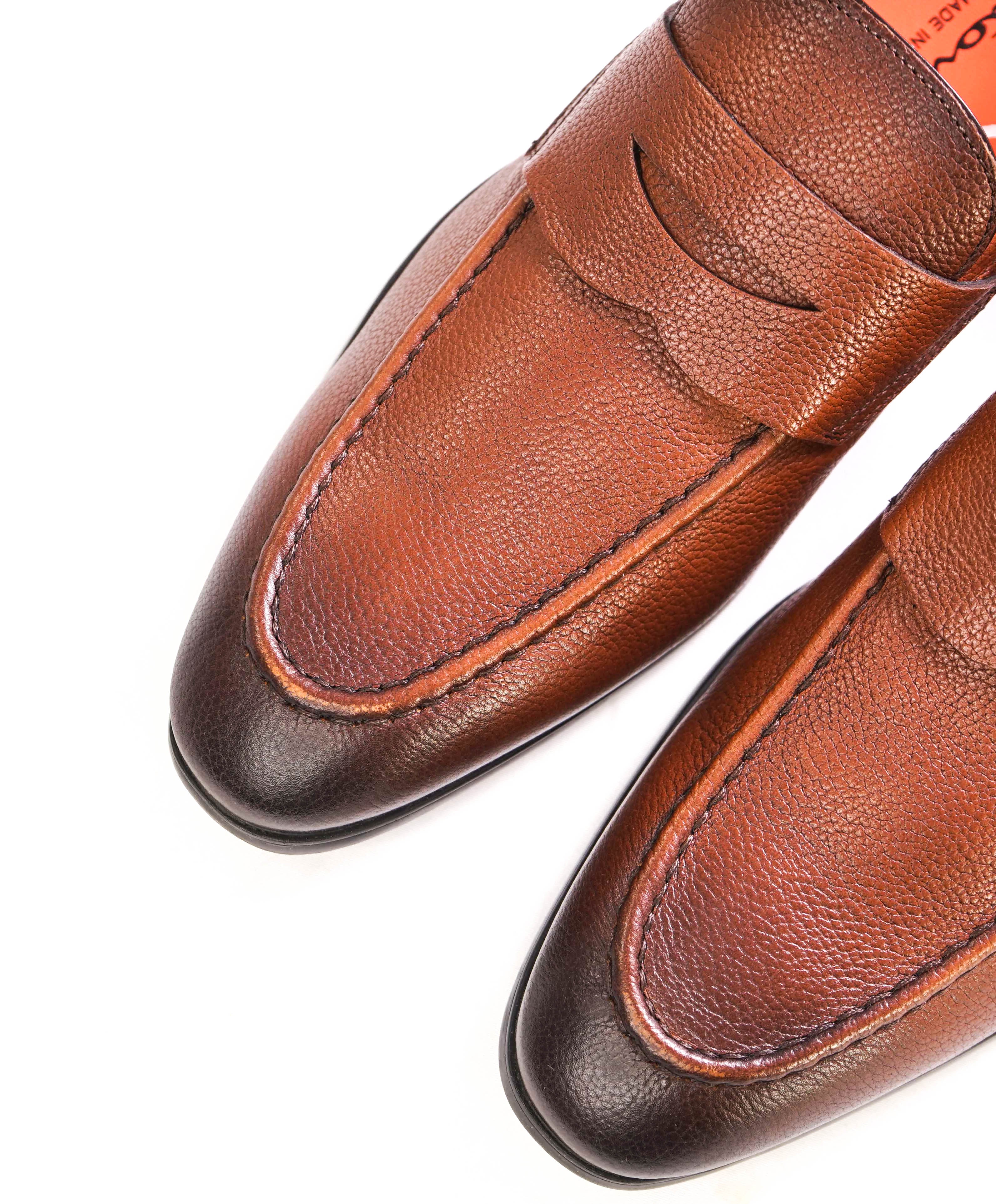 SANTONI - Hand Made Brown Patine Round Toe Pebbled Leather Penny Loafers - 7 US (6IT)