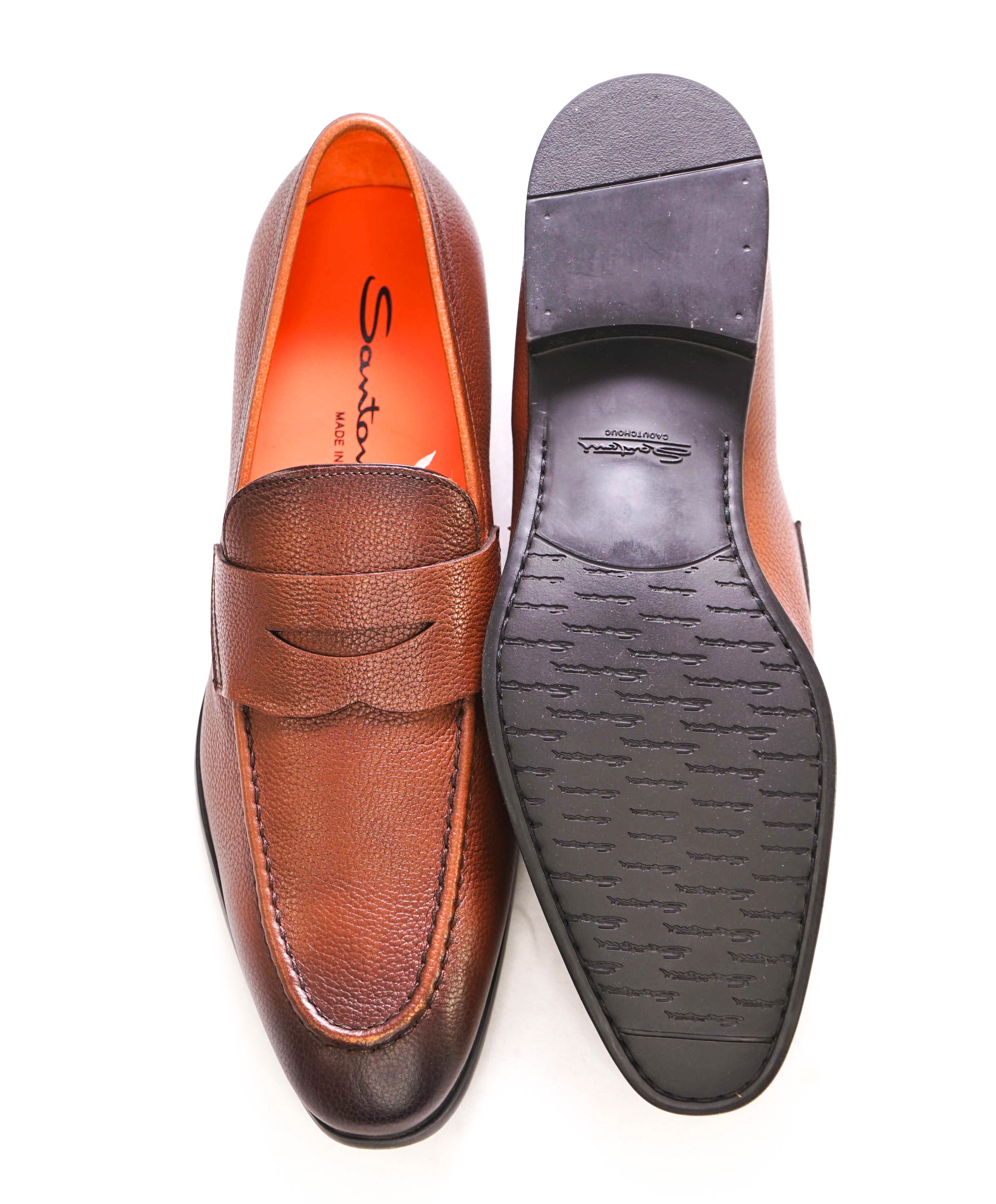 SANTONI - Hand Made Brown Patine Round Toe Pebbled Leather Penny Loafers - 7 US (6IT)