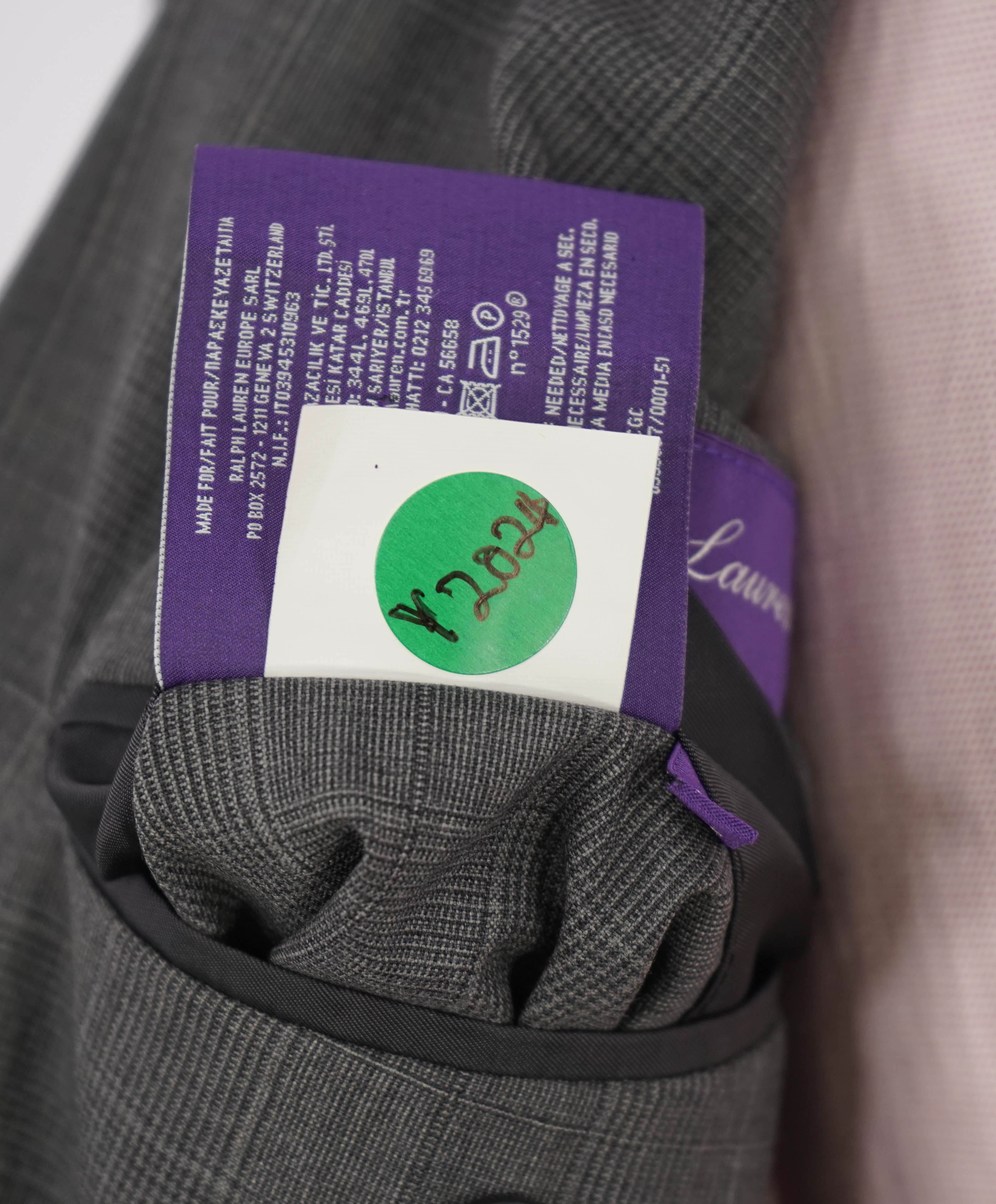$3,495 RALPH LAUREN PURPLE LABEL - Gray Plaid Check Green *DAMAGED* Suit - 38R