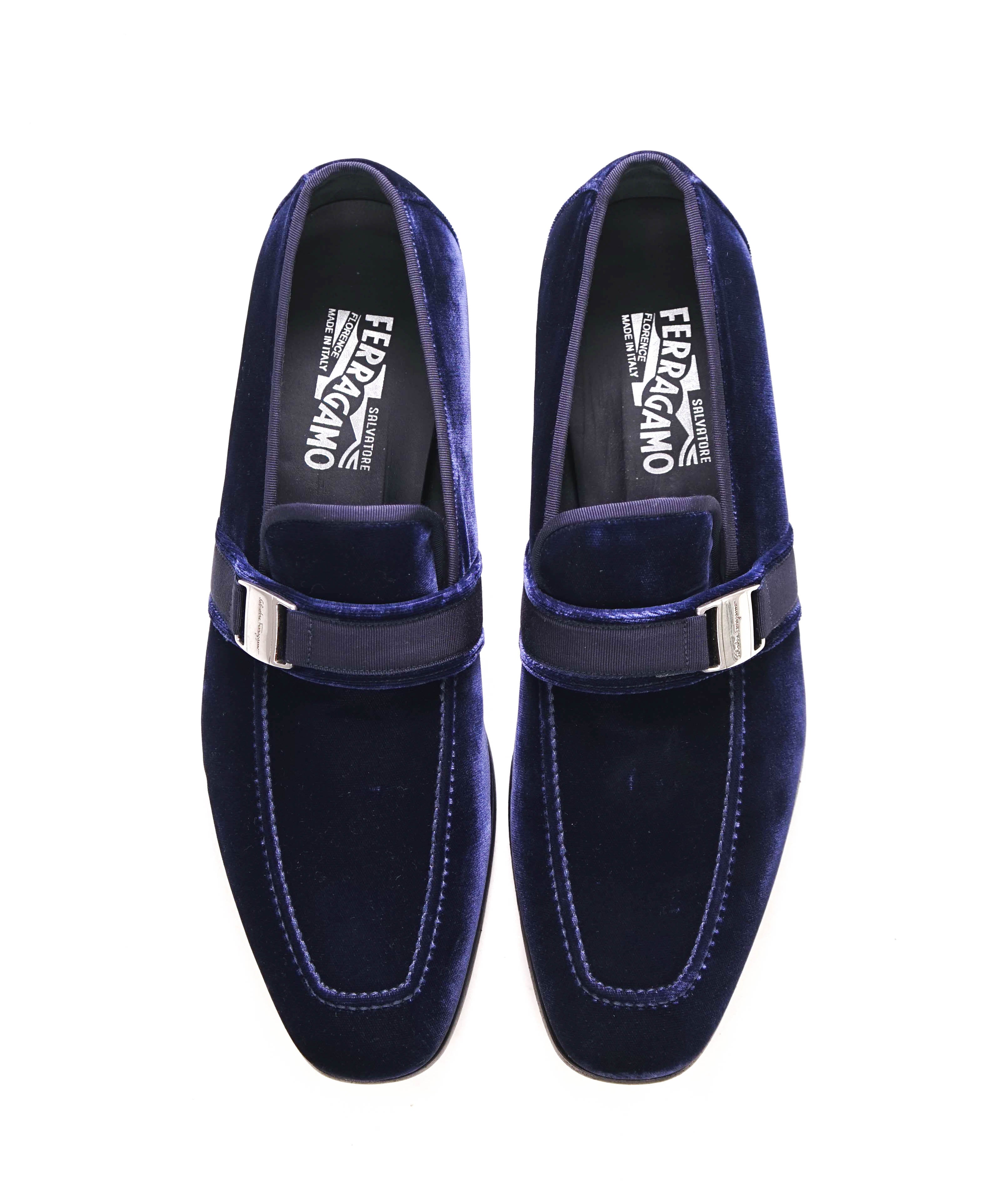SALVATORE FERRAGAMO - Velvet "DANNY 2" Loafers Navy Blue Sardegna Buckle - 12 D