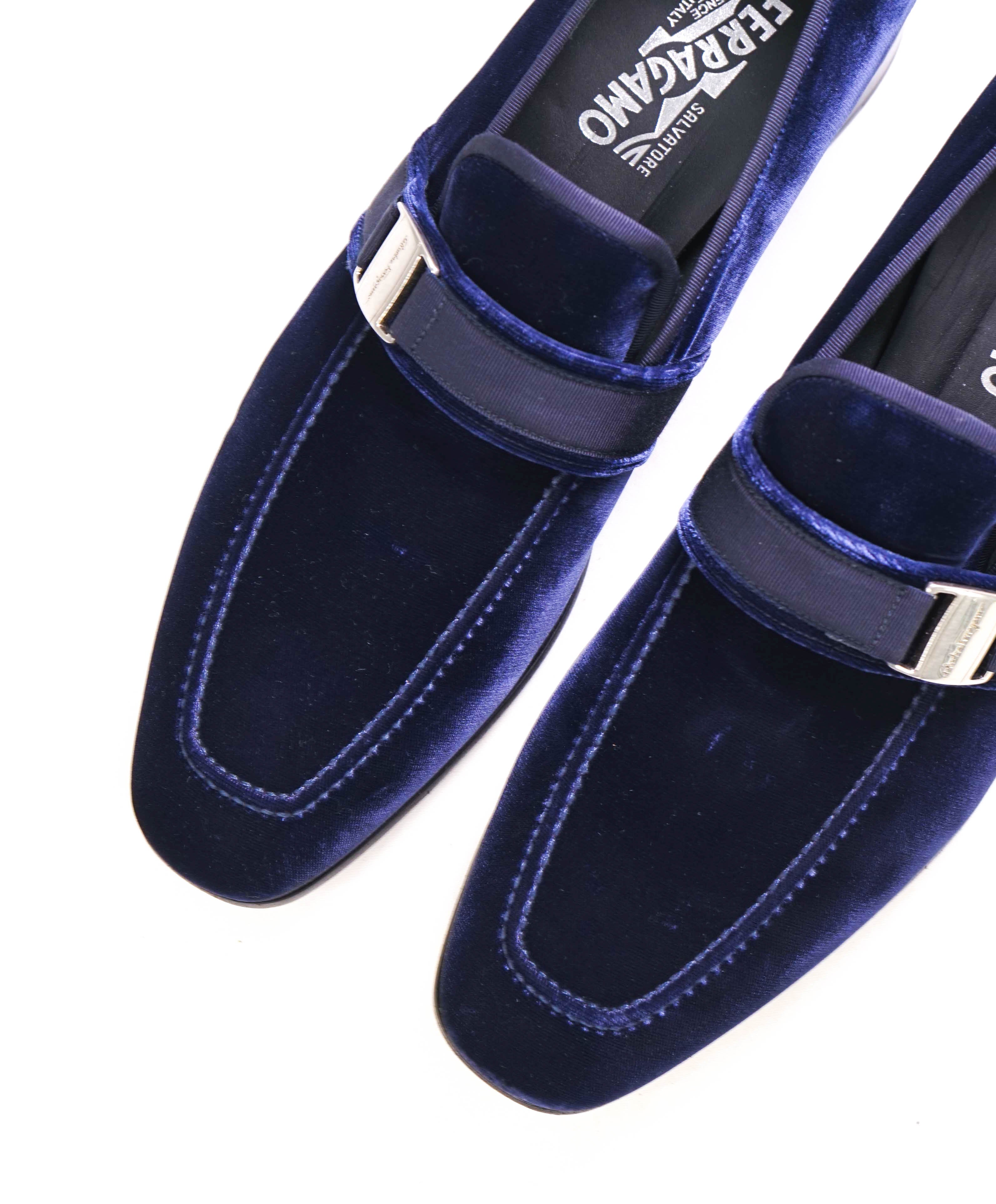 SALVATORE FERRAGAMO - Velvet "DANNY 2" Loafers Navy Blue Sardegna Buckle - 12 D