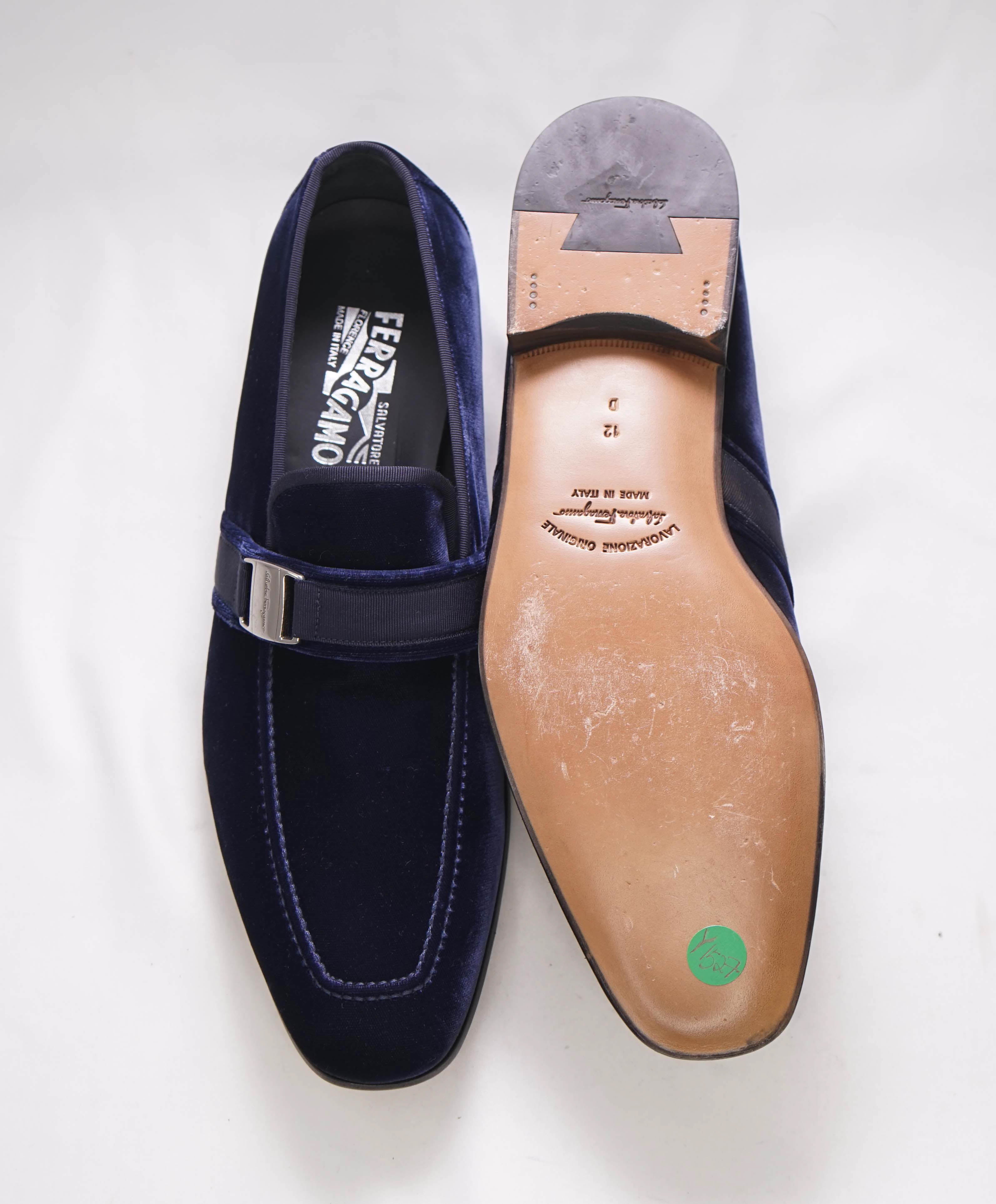 SALVATORE FERRAGAMO - Velvet "DANNY 2" Loafers Navy Blue Sardegna Buckle - 12 D