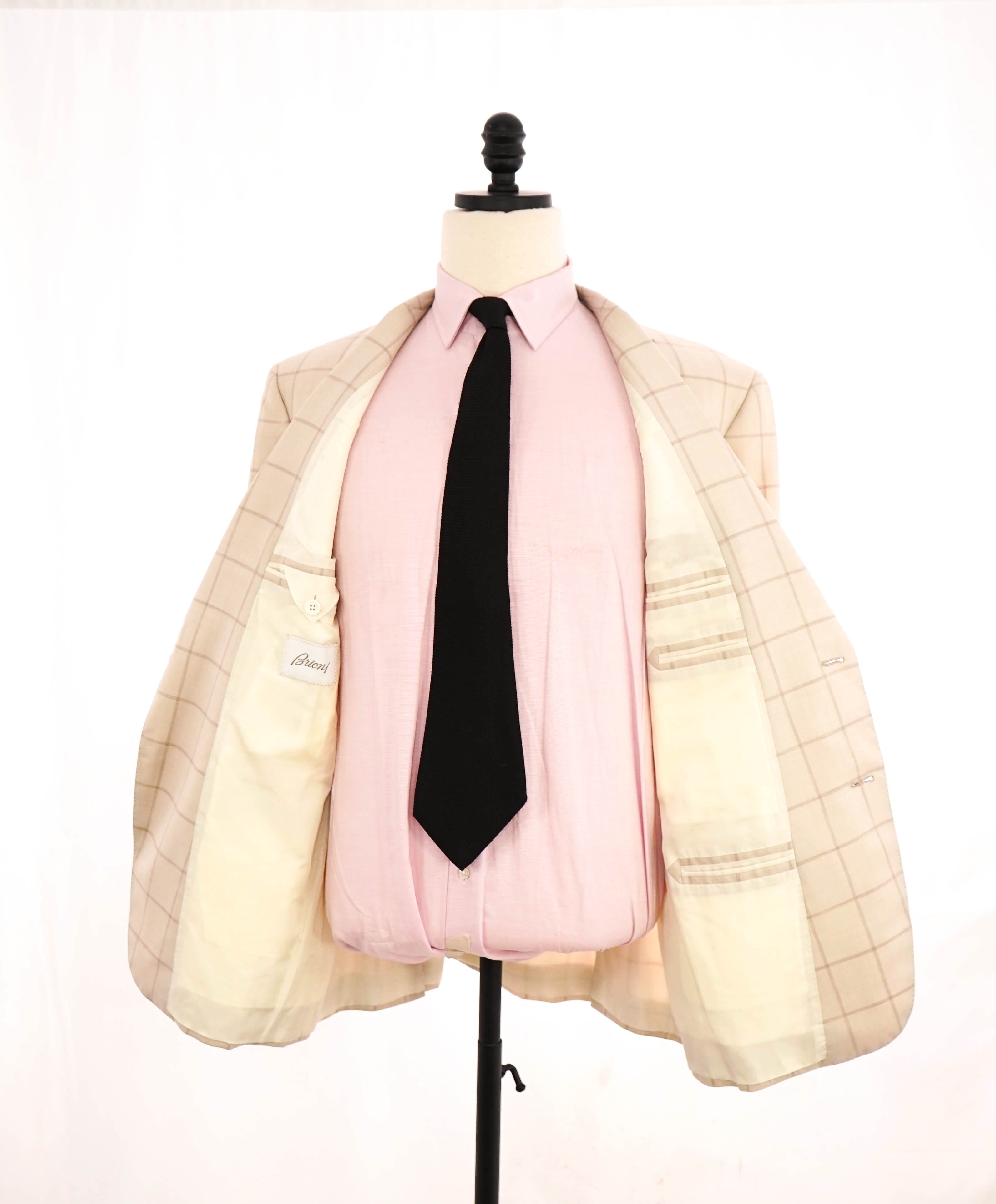 $4,800 BRIONI - Cream WOOL/SILK Ivory Windowpane Hand Made Italy Blazer - 44R US