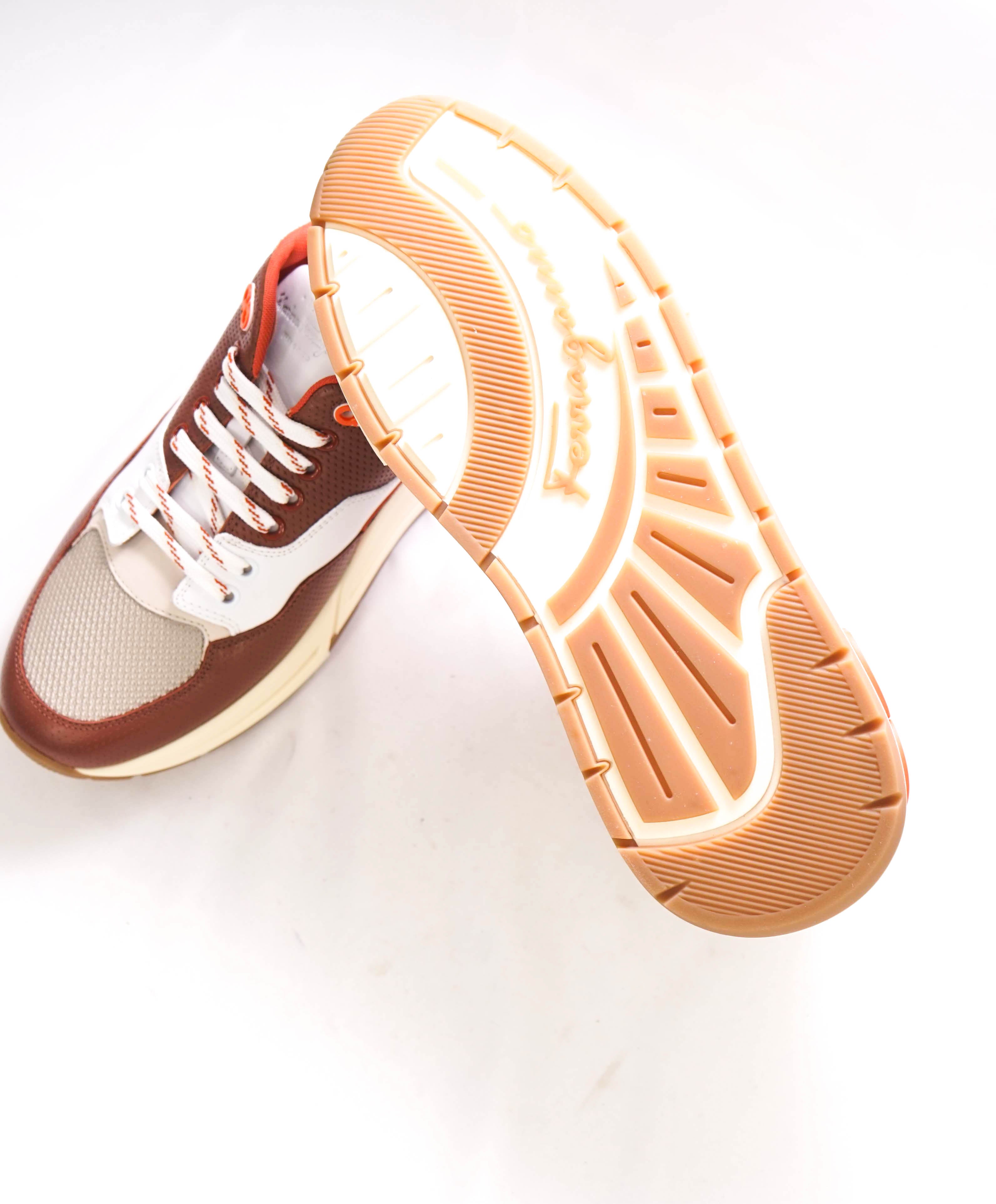 $750 SALVATORE FERRAGAMO - Brown/Orange/Neutral Gancini Sneaker - 9.5 US
