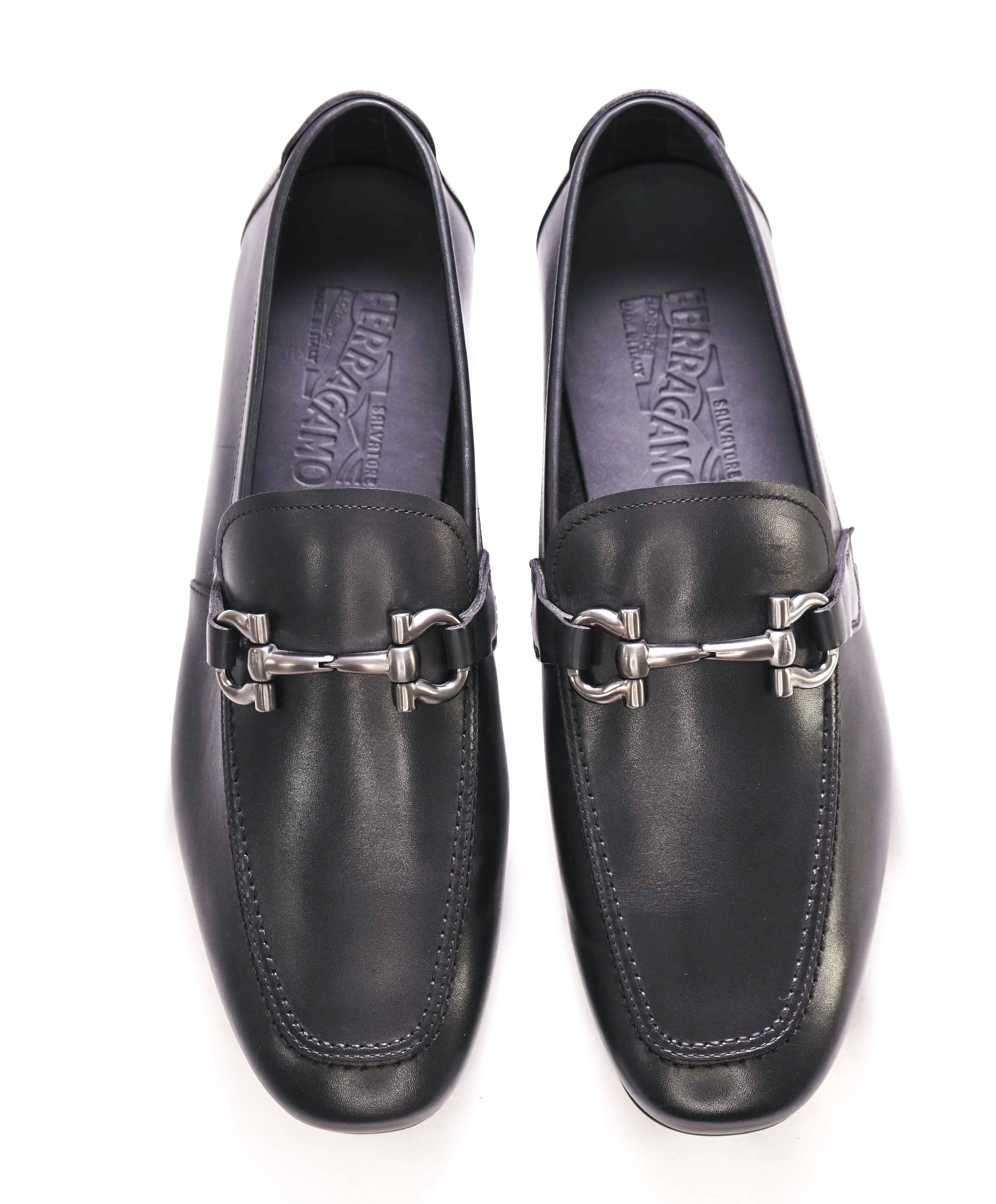 $795 SALVATORE FERRAGAMO - "NOWELL" Black On Black Gancini Leather Loafer- 8.5 EE