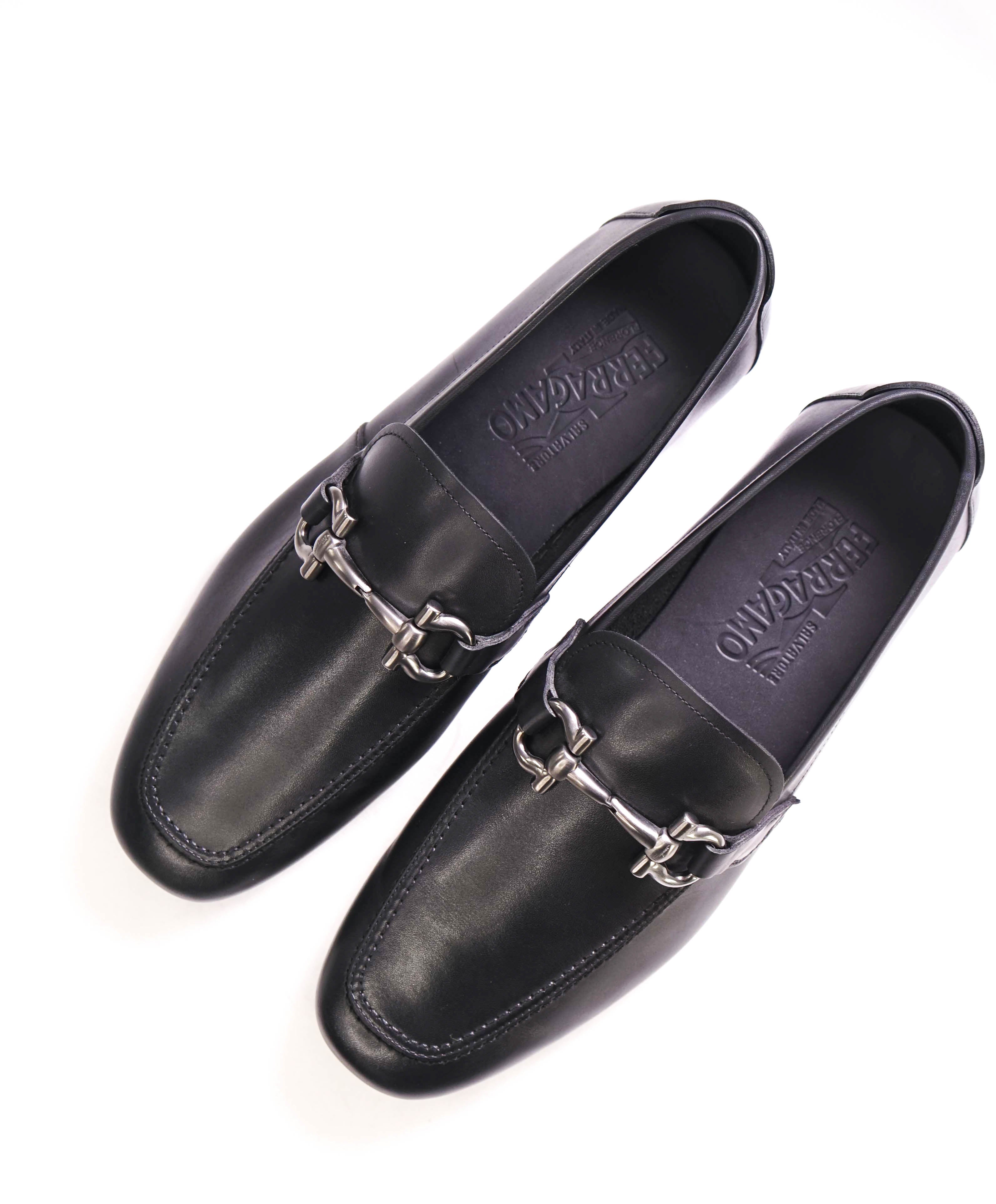 $795 SALVATORE FERRAGAMO - "NOWELL" Black On Black Gancini Leather Loafer- 8.5 EE