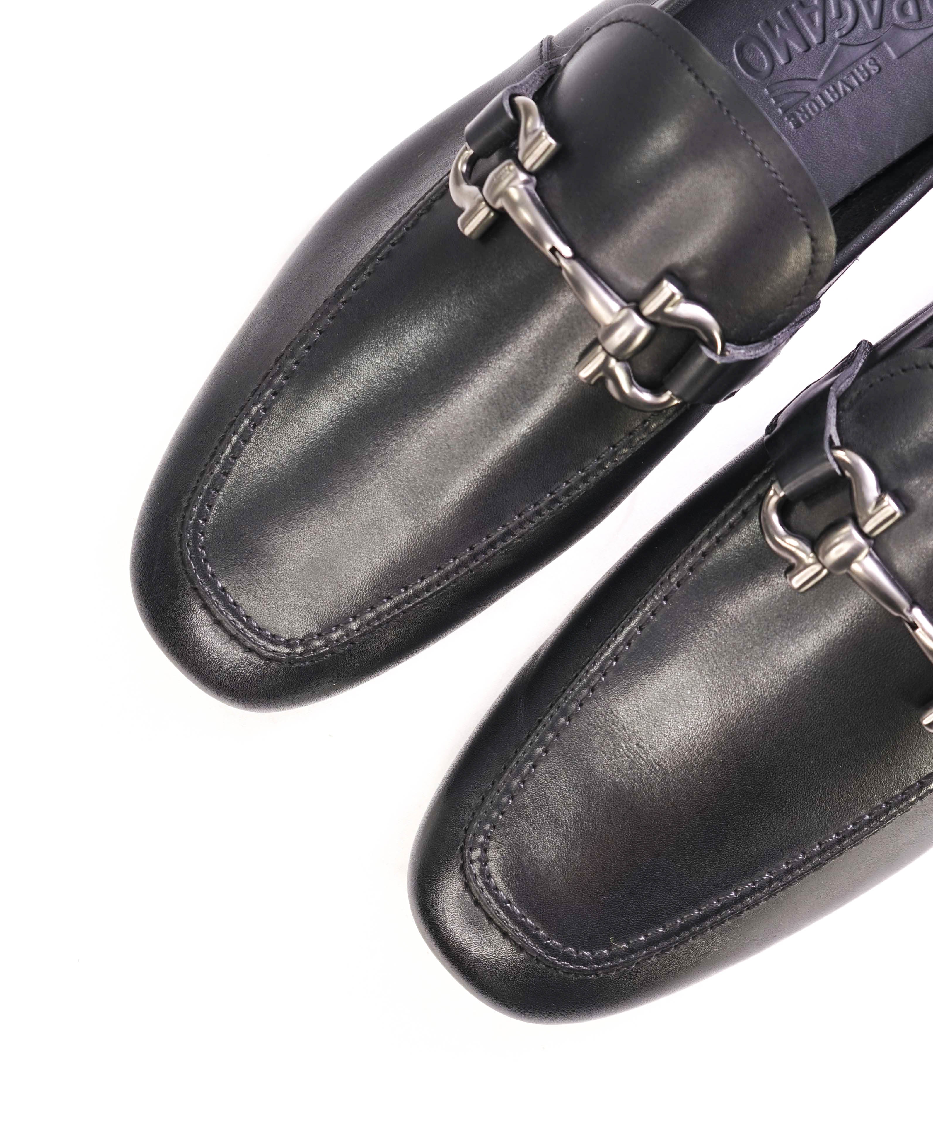 $795 SALVATORE FERRAGAMO - "NOWELL" Black On Black Gancini Leather Loafer- 8.5 EE