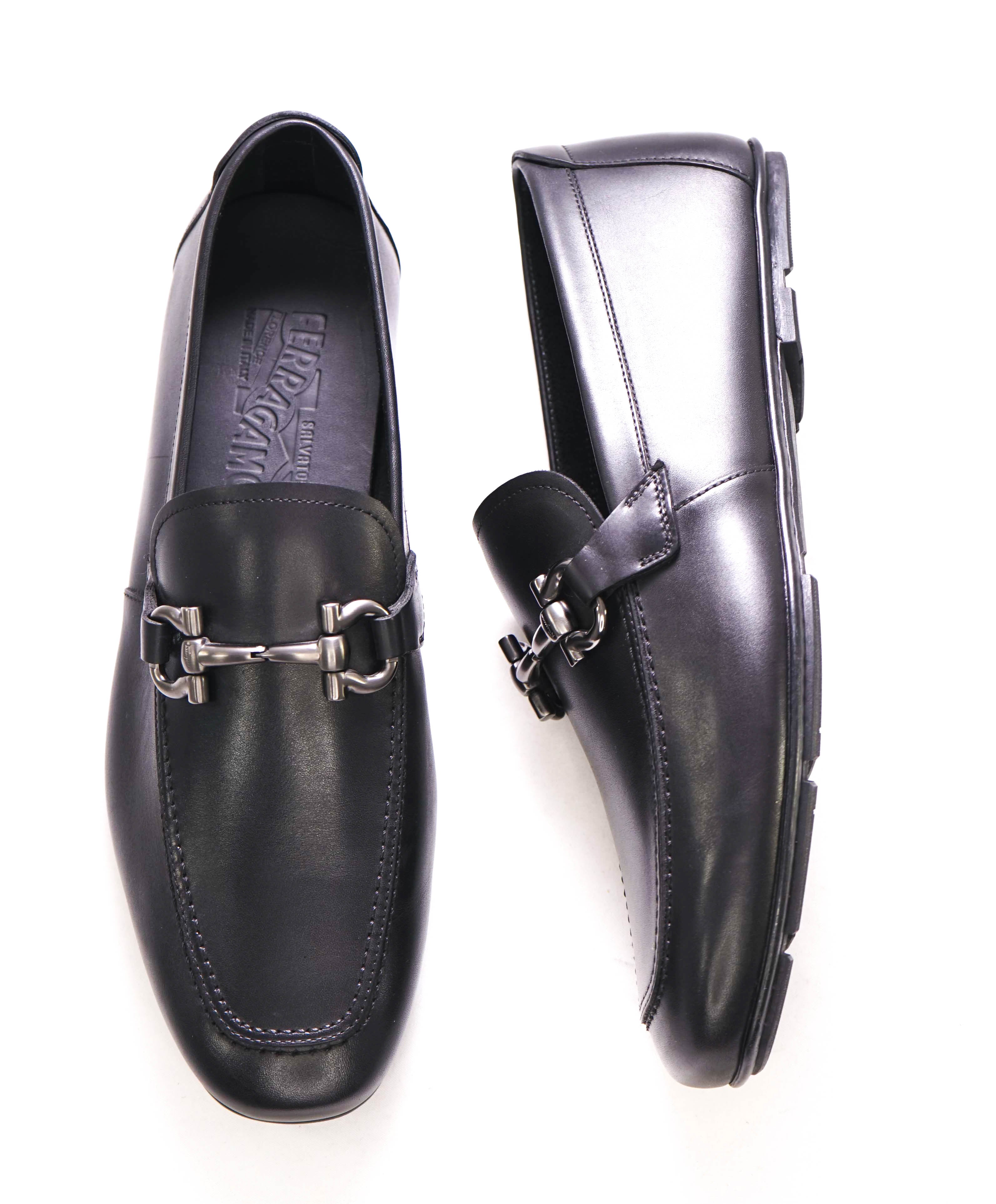 $795 SALVATORE FERRAGAMO - "NOWELL" Black On Black Gancini Leather Loafer- 8.5 EE