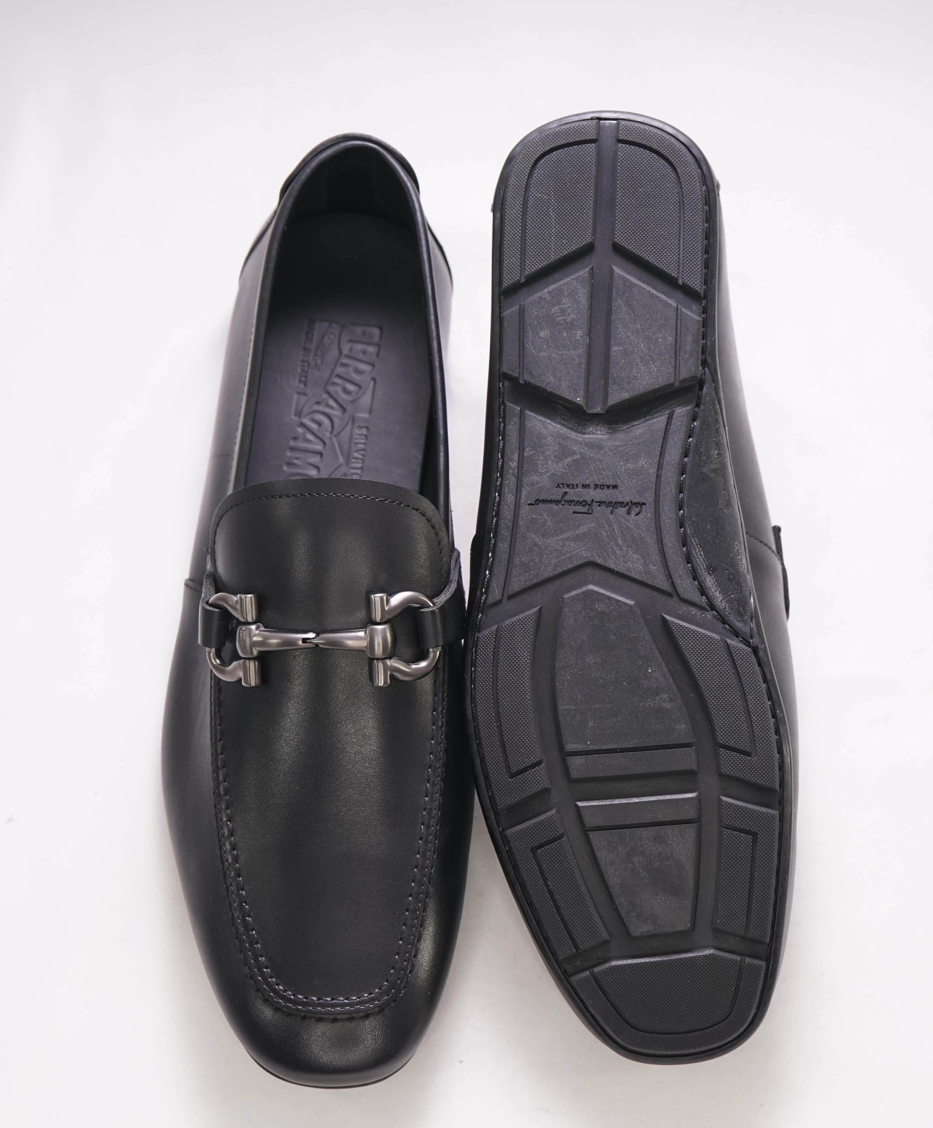 $795 SALVATORE FERRAGAMO - "NOWELL" Black On Black Gancini Leather Loafer- 8.5 EE
