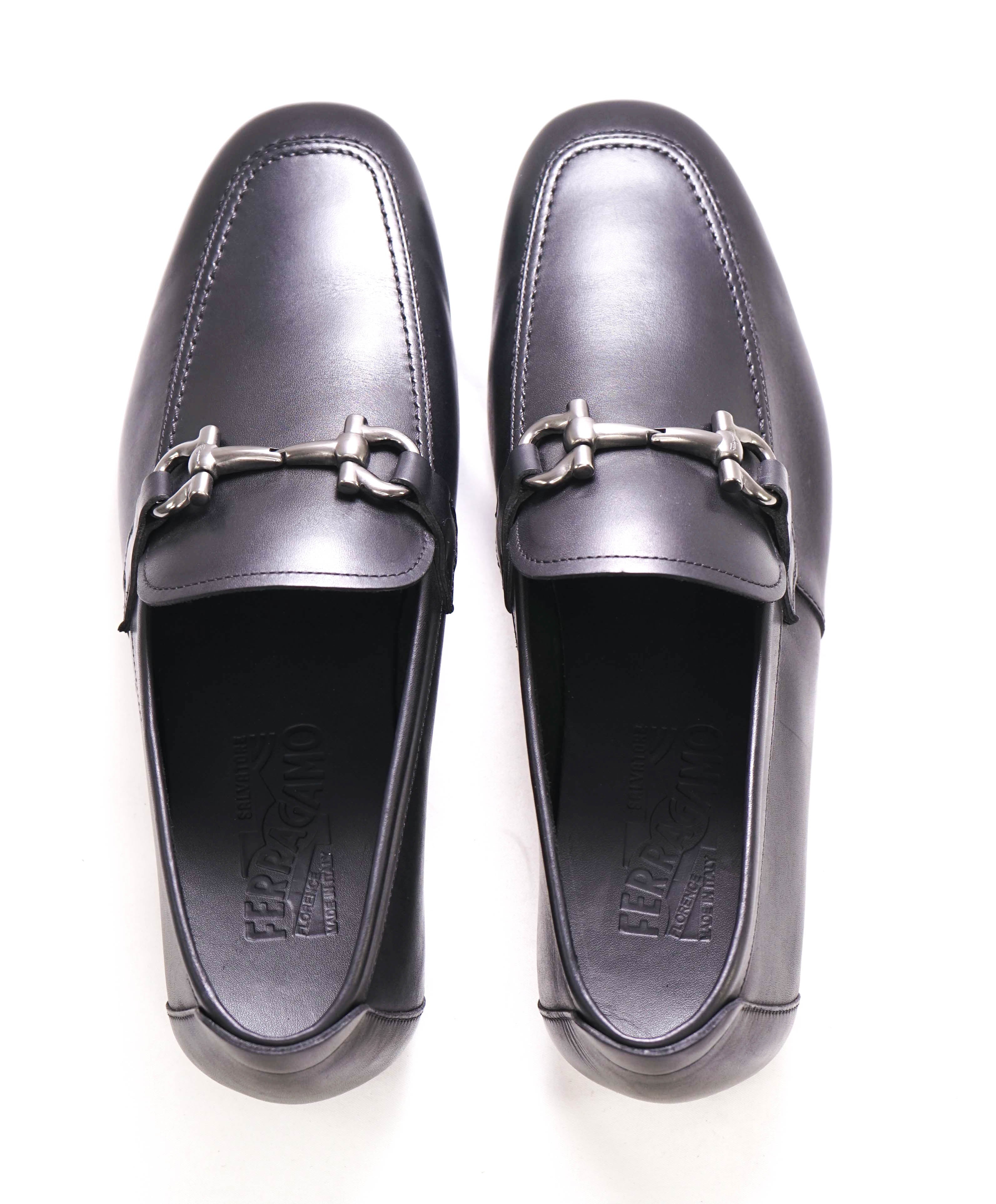 $795 SALVATORE FERRAGAMO - "NOWELL" Black On Black Gancini Leather Loafer- 8.5 EE