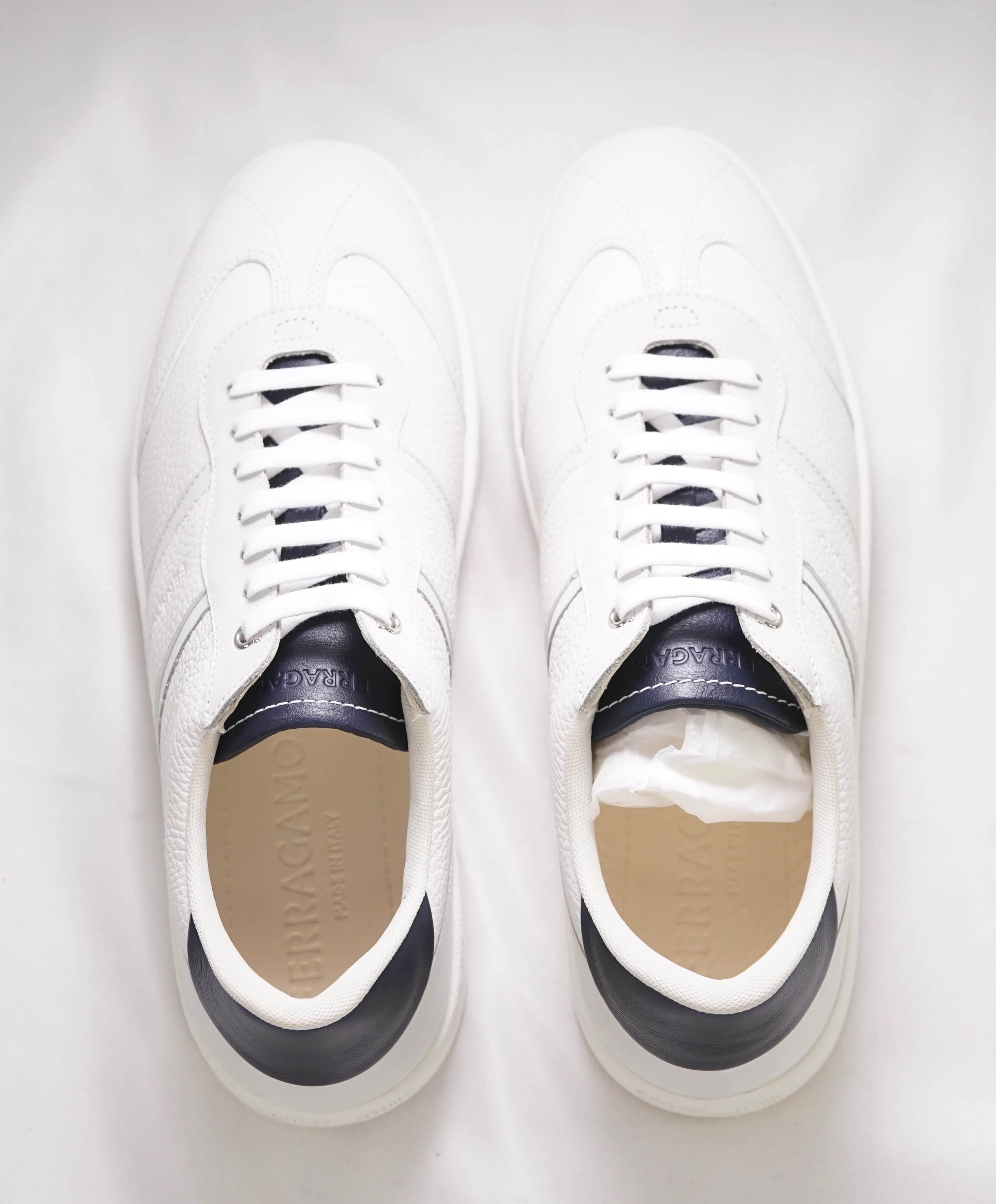 $750 SALVATORE FERRAGAMO - *ACHILLE 1* White/Navy Gancini Sneaker - 10 M US