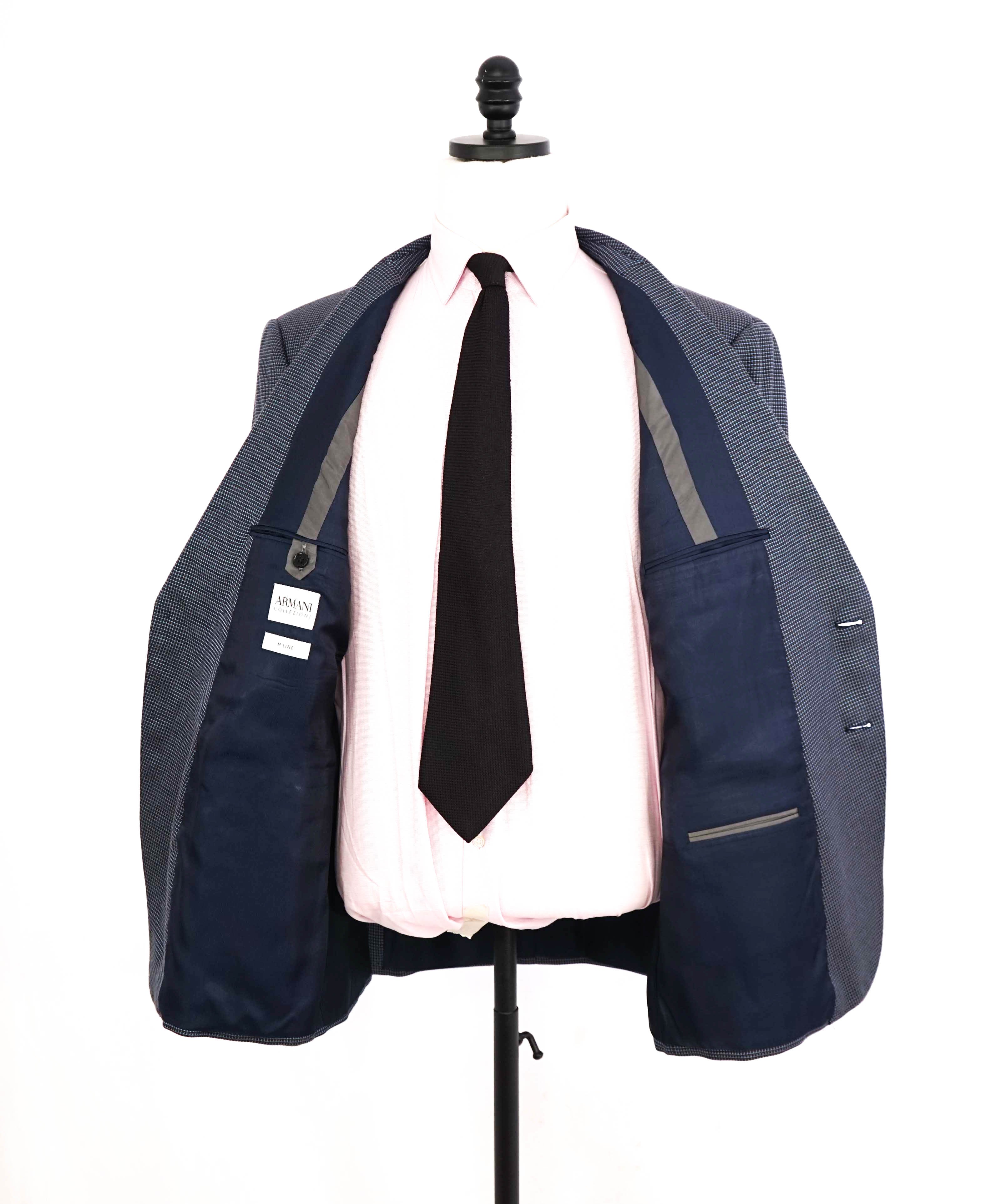 $1,495 ARMANI COLLEZIONI - "M Line" Blue Micro Check Jacket Blazer - 46R