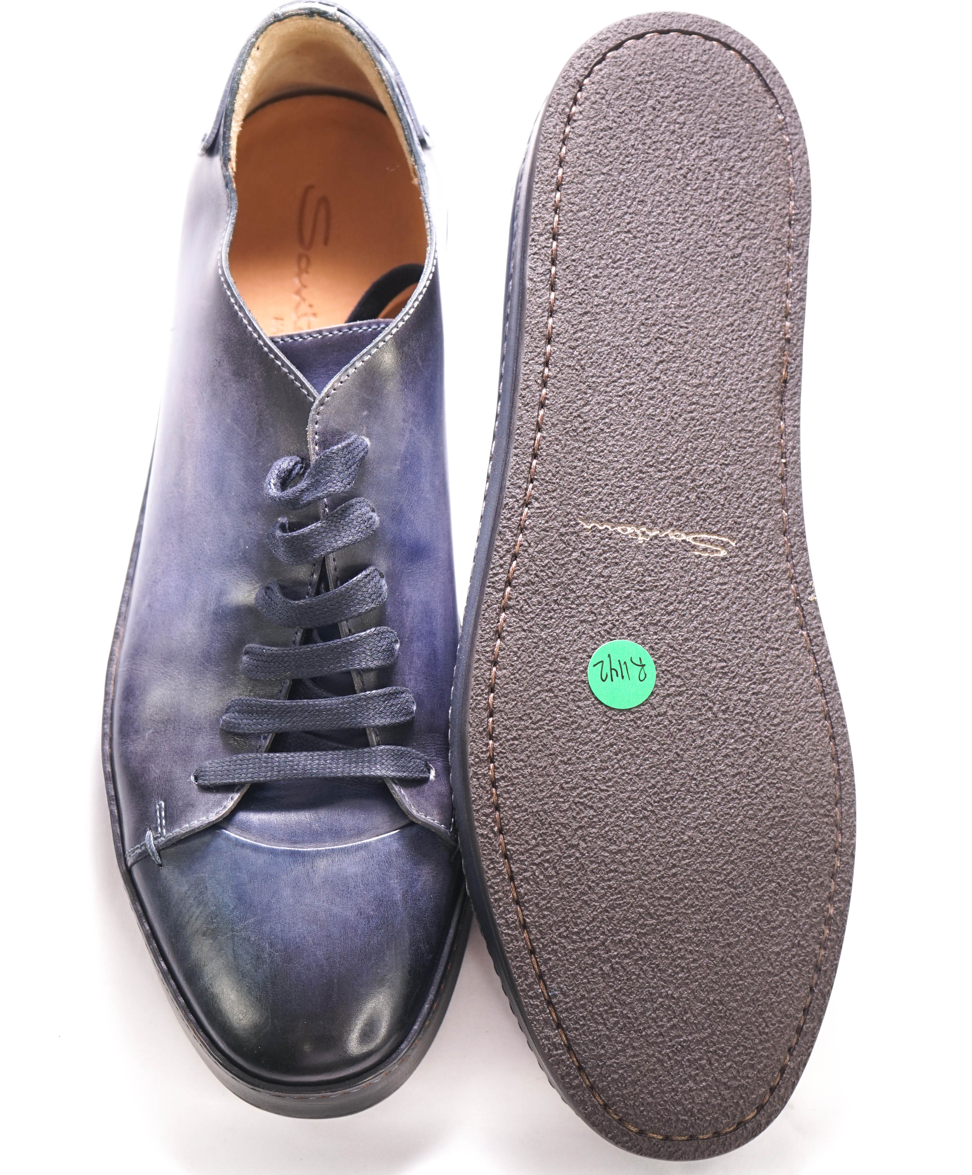 $1,295 SANTONI - Navy/Blue Hand Patina Full Leather Sneaker - 12 (11 IT)