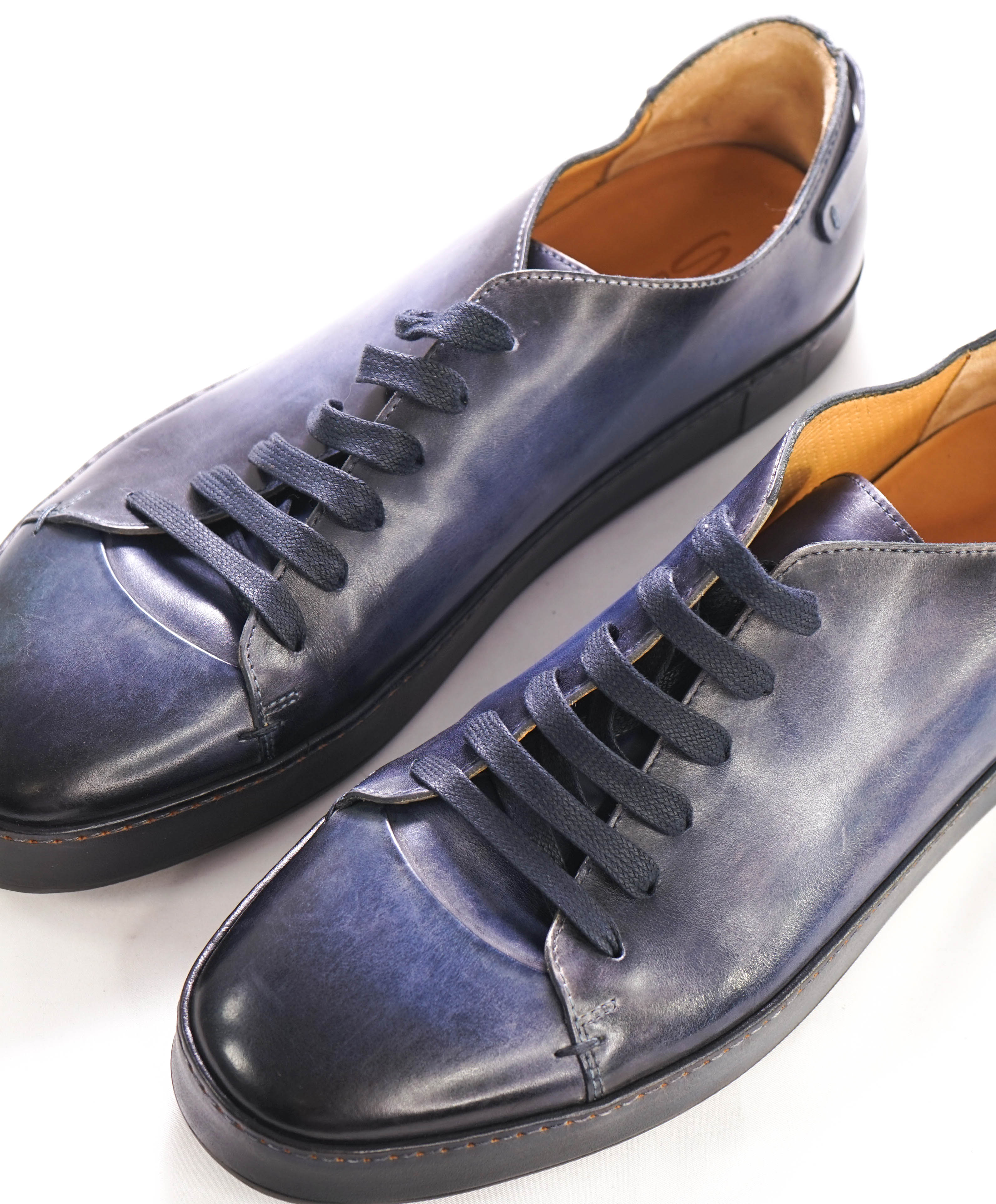 $1,295 SANTONI - Navy/Blue Hand Patina Full Leather Sneaker - 12 (11 IT)