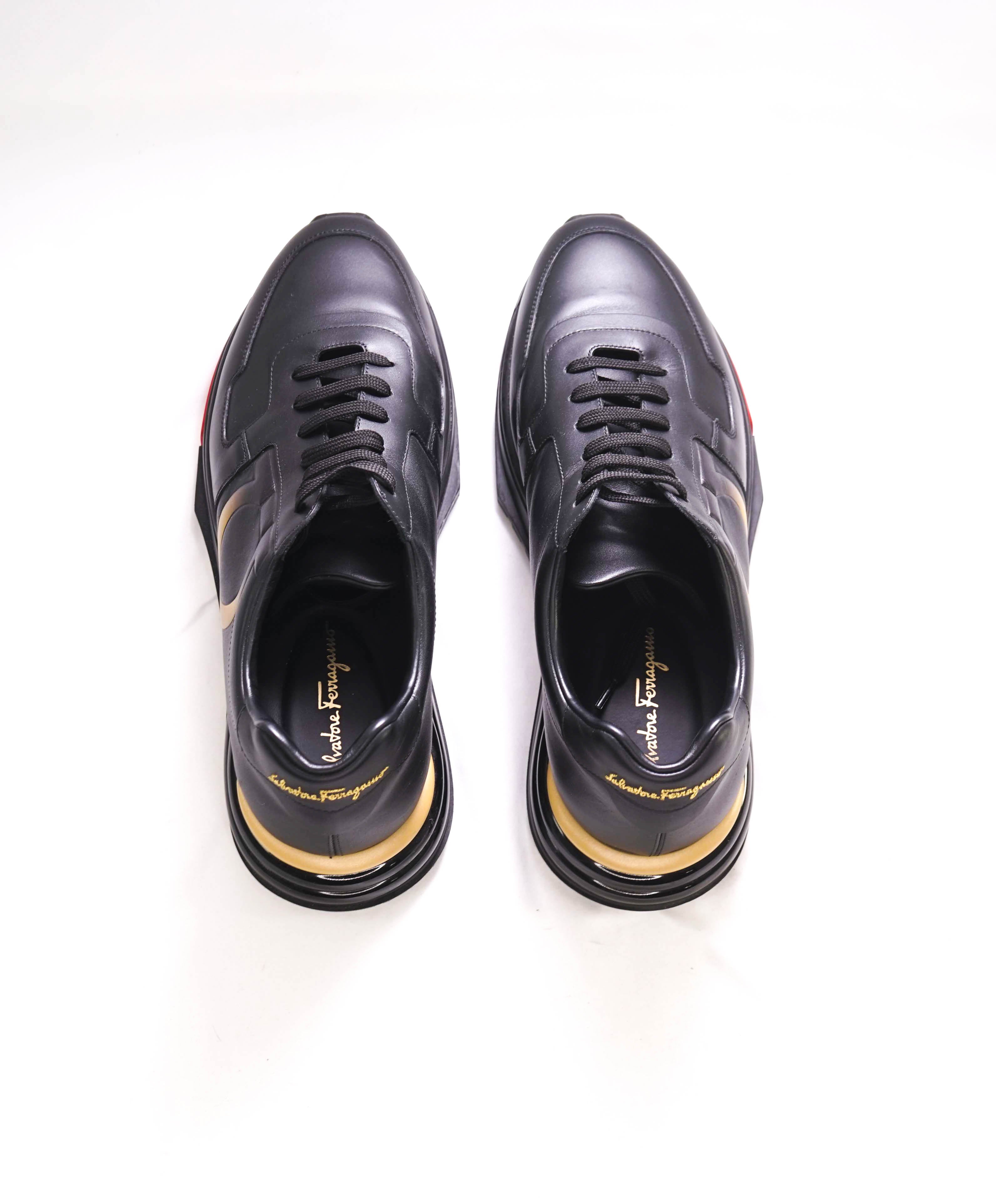 $995 SALVATORE FERRAGAMO - *GANCINI* Black/Gold Sneaker - 9 MUS