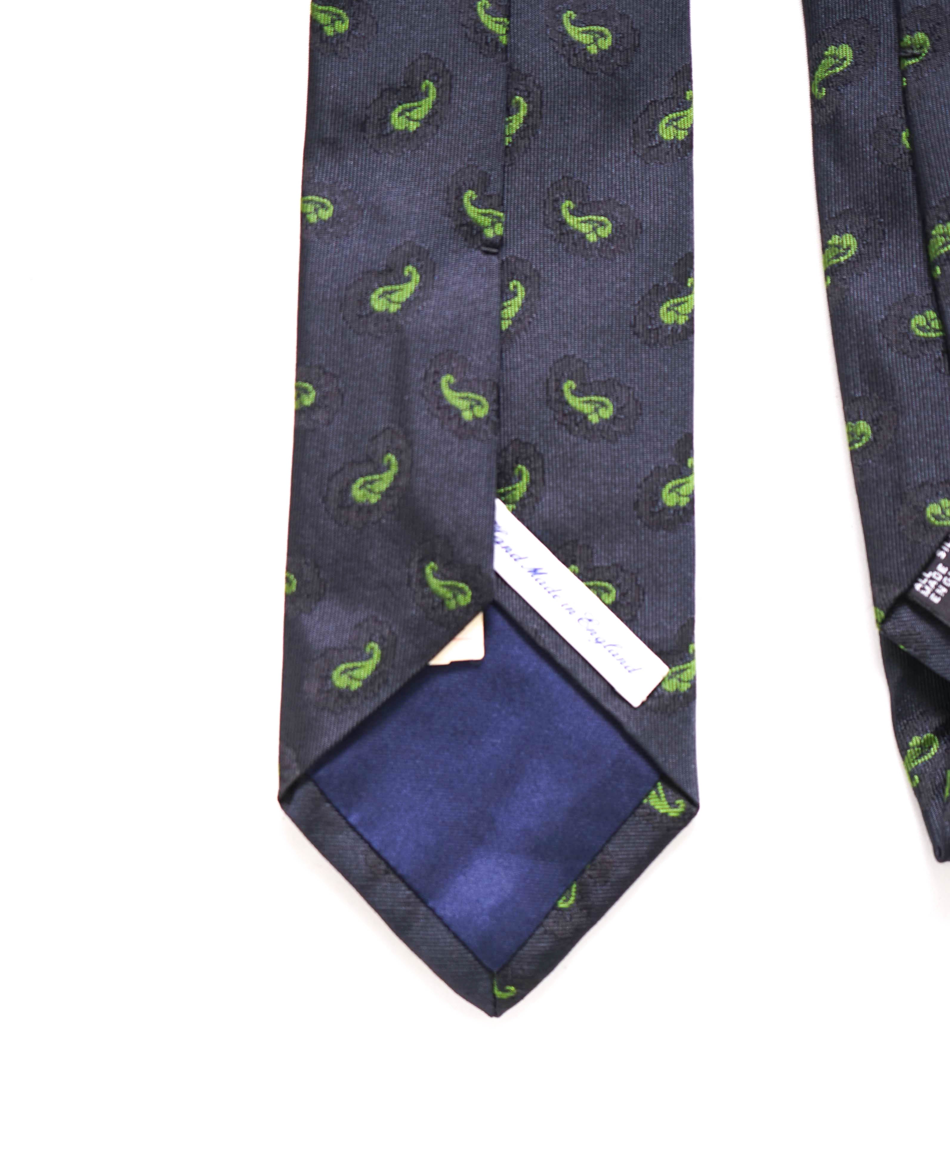 $240 DRAKE'S - Navy Green Paisley Silk Tie 3.25" - Tie