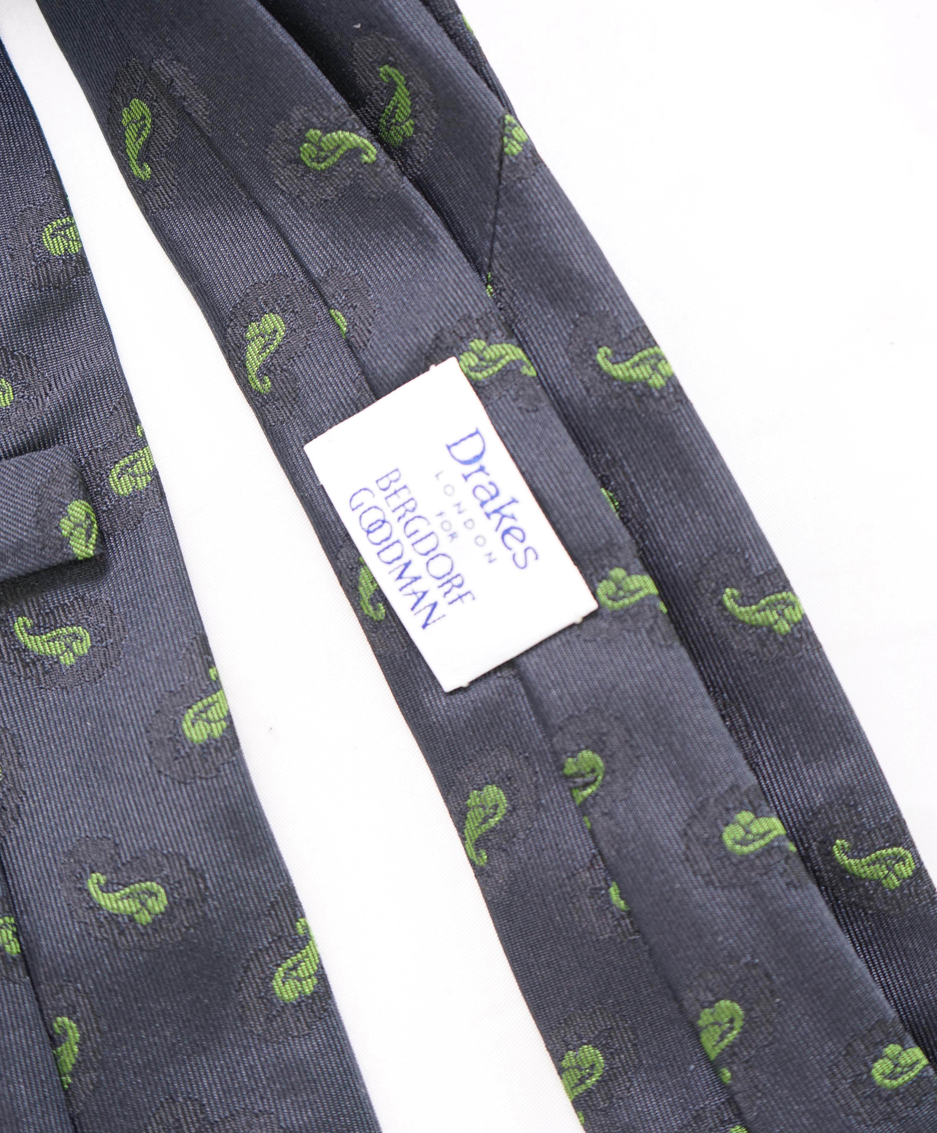 $240 DRAKE'S - Navy Green Paisley Silk Tie 3.25" - Tie