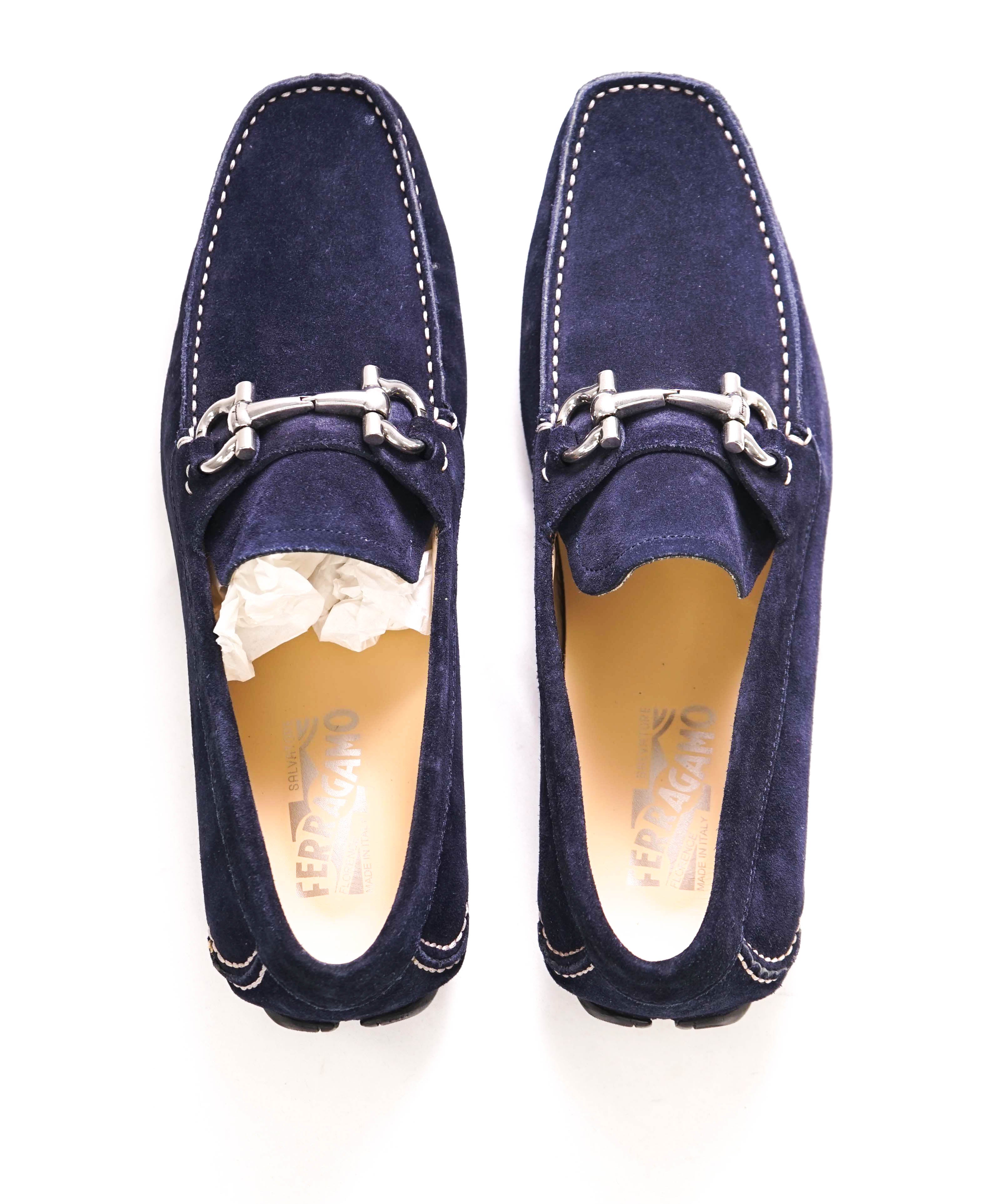 $795 SALVATORE FERRAGAMO - Classic Blue Suede Parigi Slip On Loafers - 8.5 D