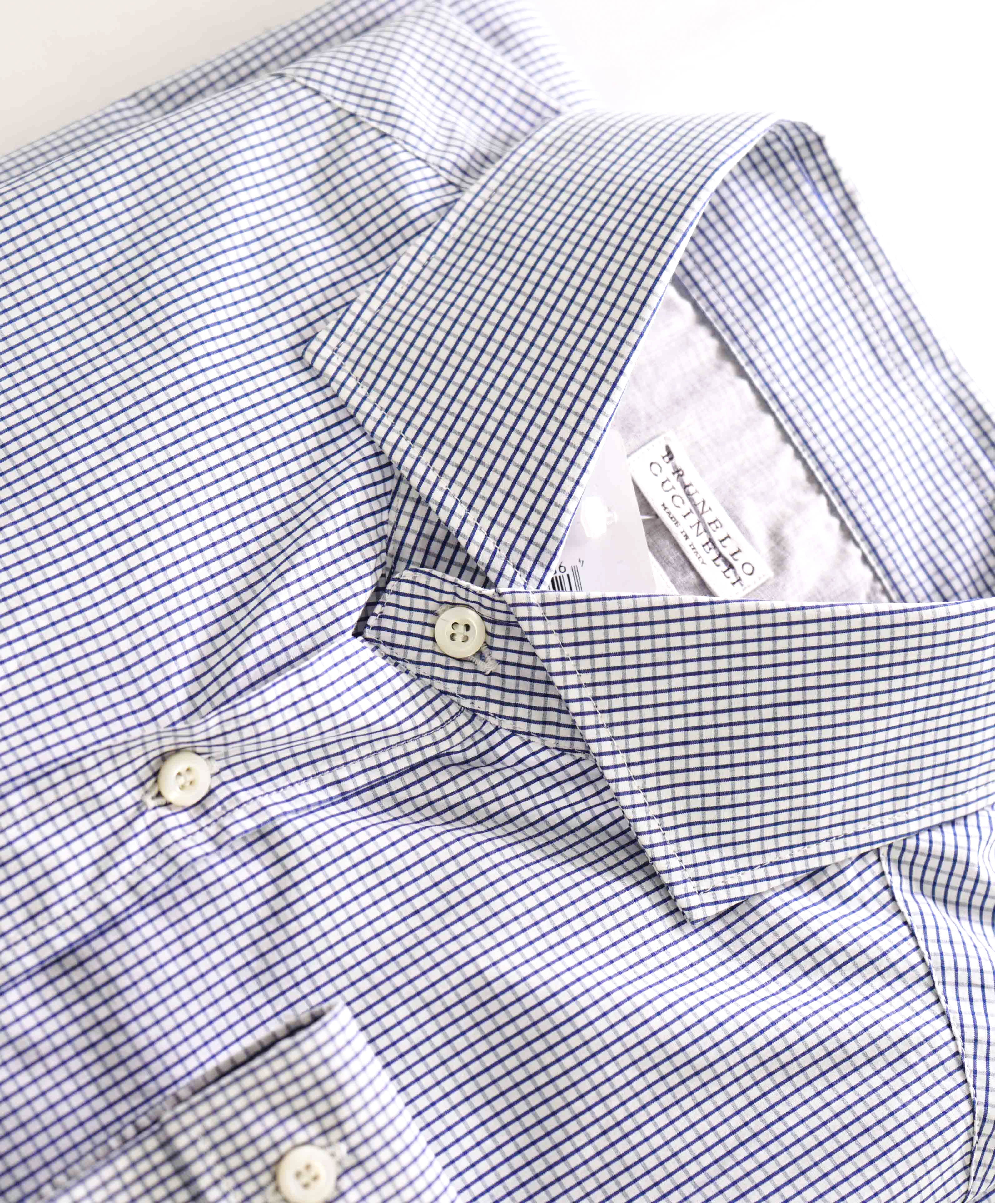 $795 BRUNELLO CUCINELLI - "BASIC FIT" Blue Gingham Micro Check Shirt - XL