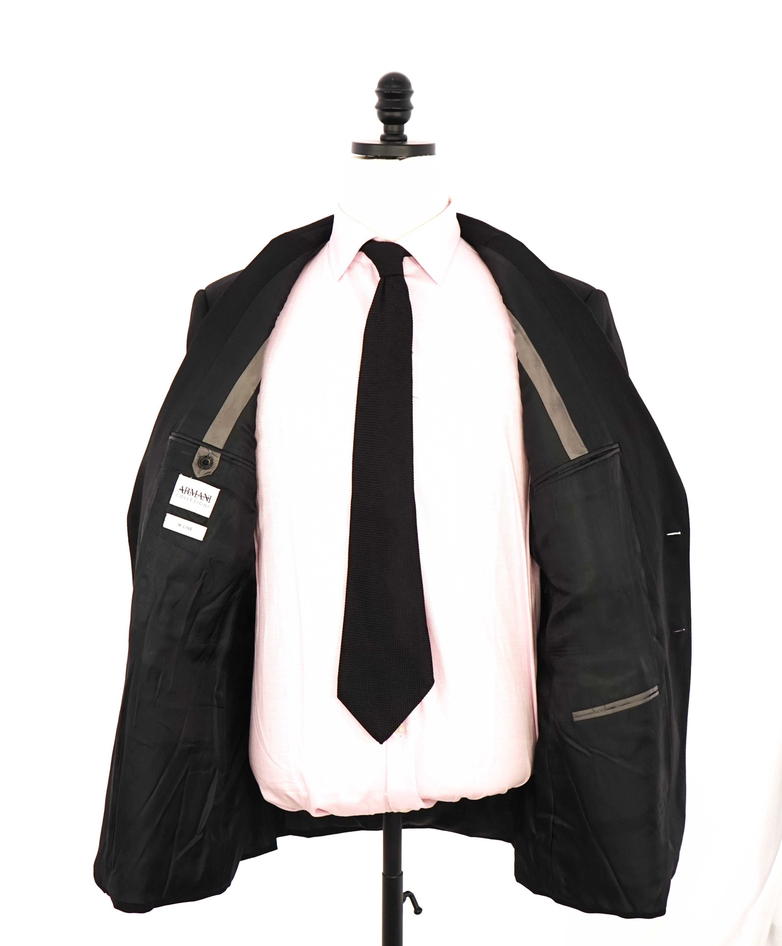 ARMANI COLLEZIONI - “M Line” PEAK Lapel Black Tonal Stripe Suit - 46R