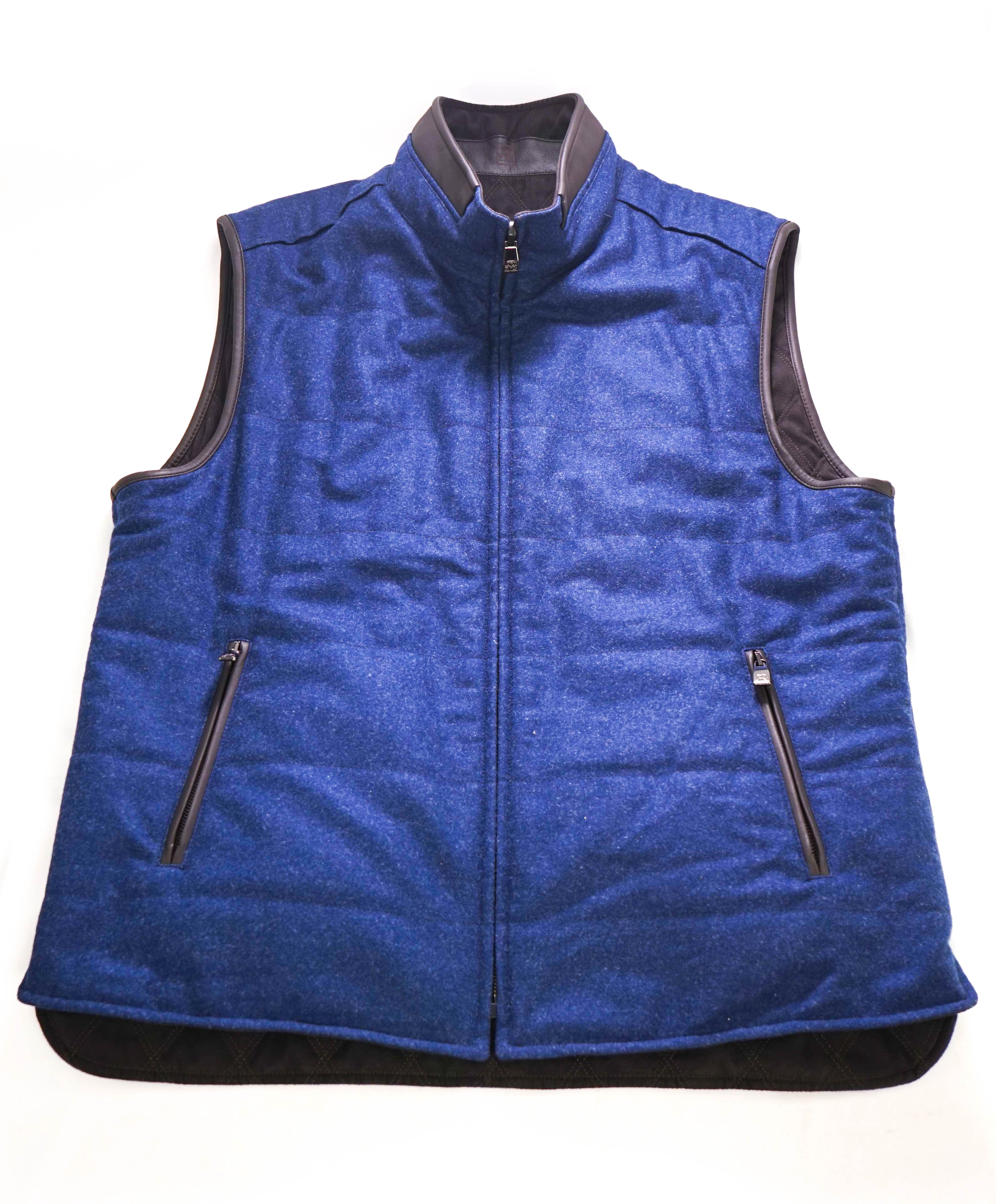 $1,595 CORNELIANI - Quilted Brown SUEDE & Blue Wool Reversible Vest - 40R